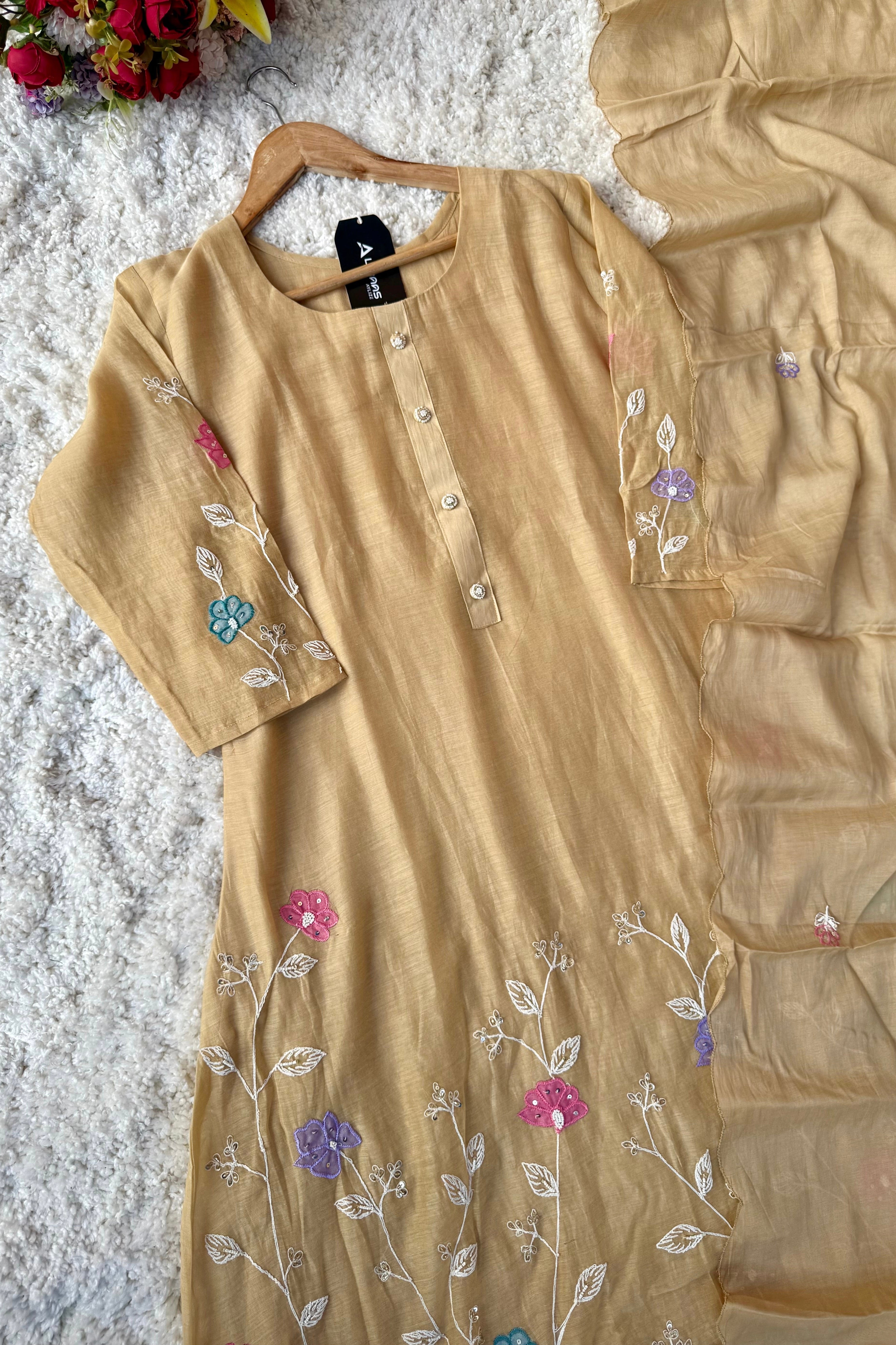 “Thread” Premium Beige Mul Chanderi A Line kurta set