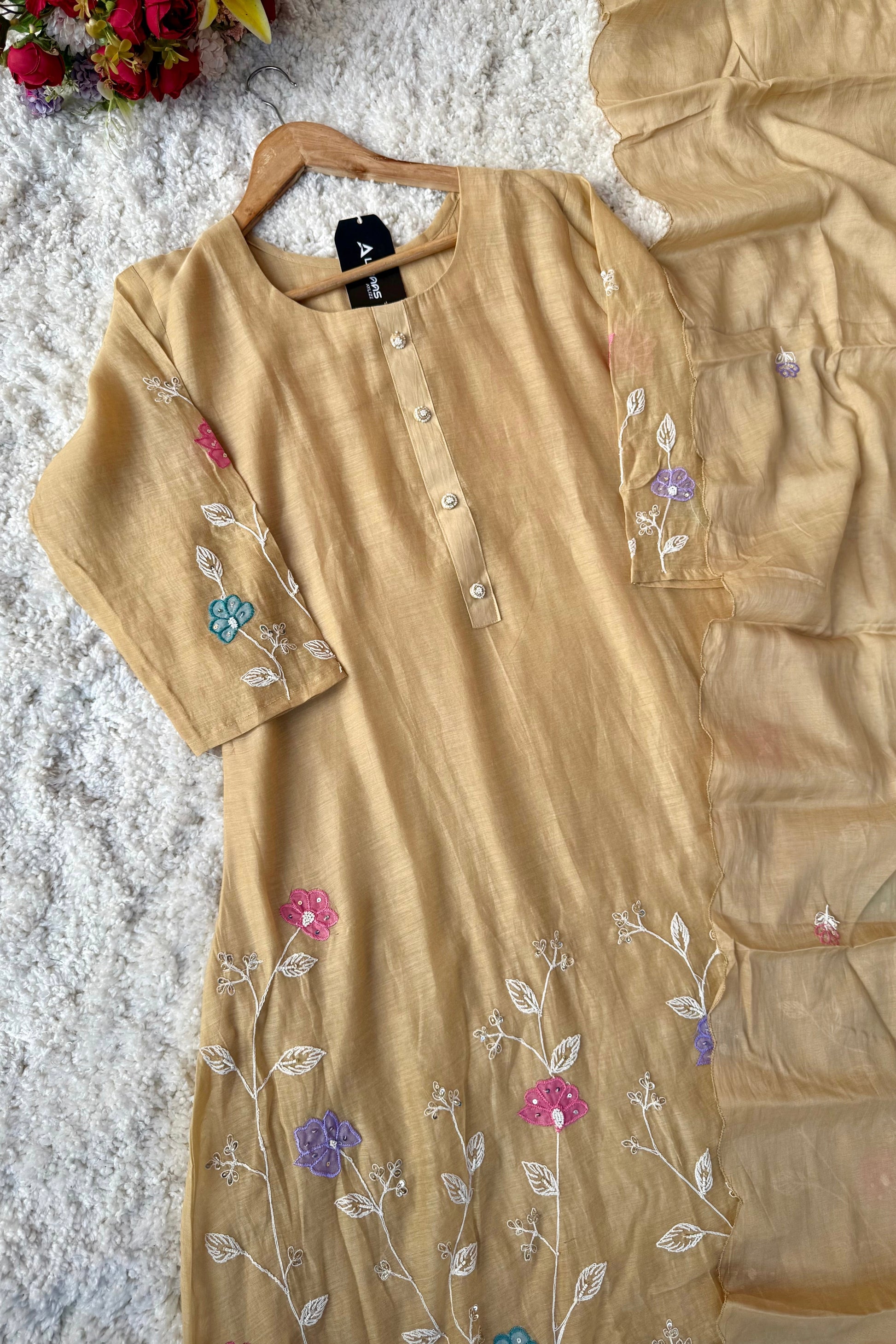 “Thread” Premium Beige Mul Chanderi A Line kurta set