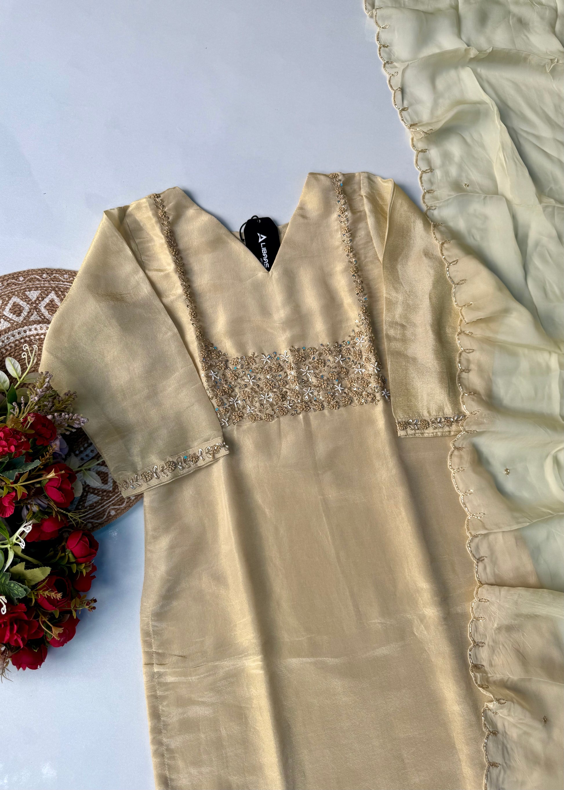 “Jini” Tissue silk handcrafted kurti bottom dupatta set 🛍️