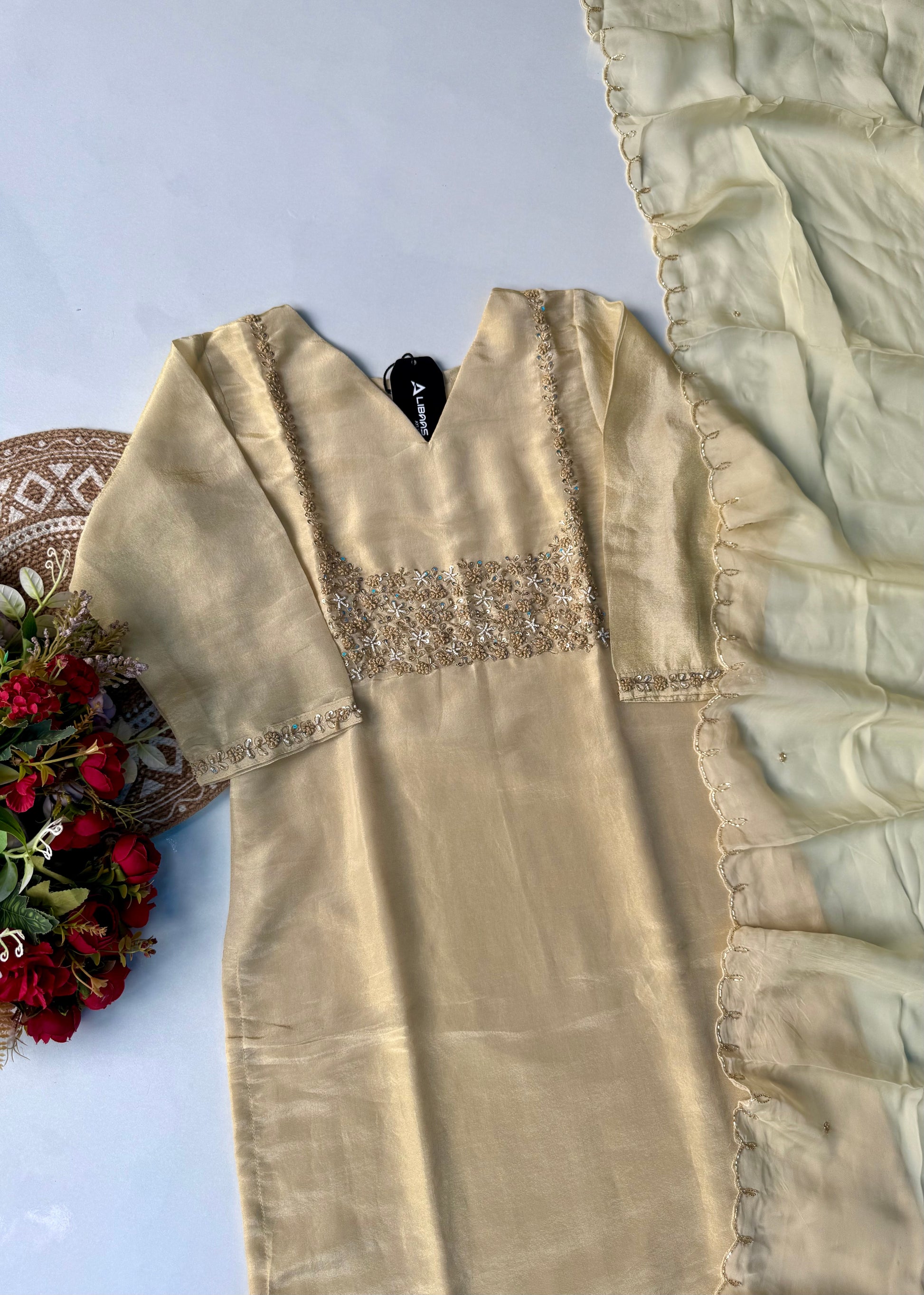 “Jini” Tissue silk handcrafted kurti bottom dupatta set 🛍️