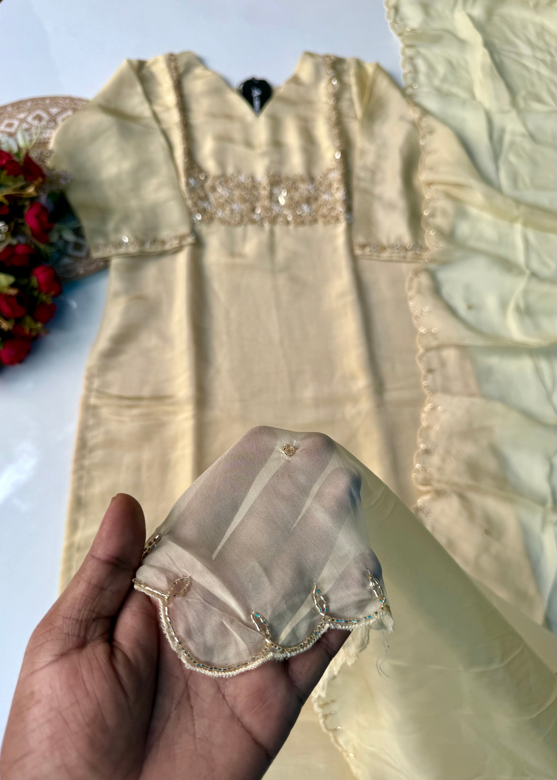 “Jini” Tissue silk handcrafted kurti bottom dupatta set 🛍️