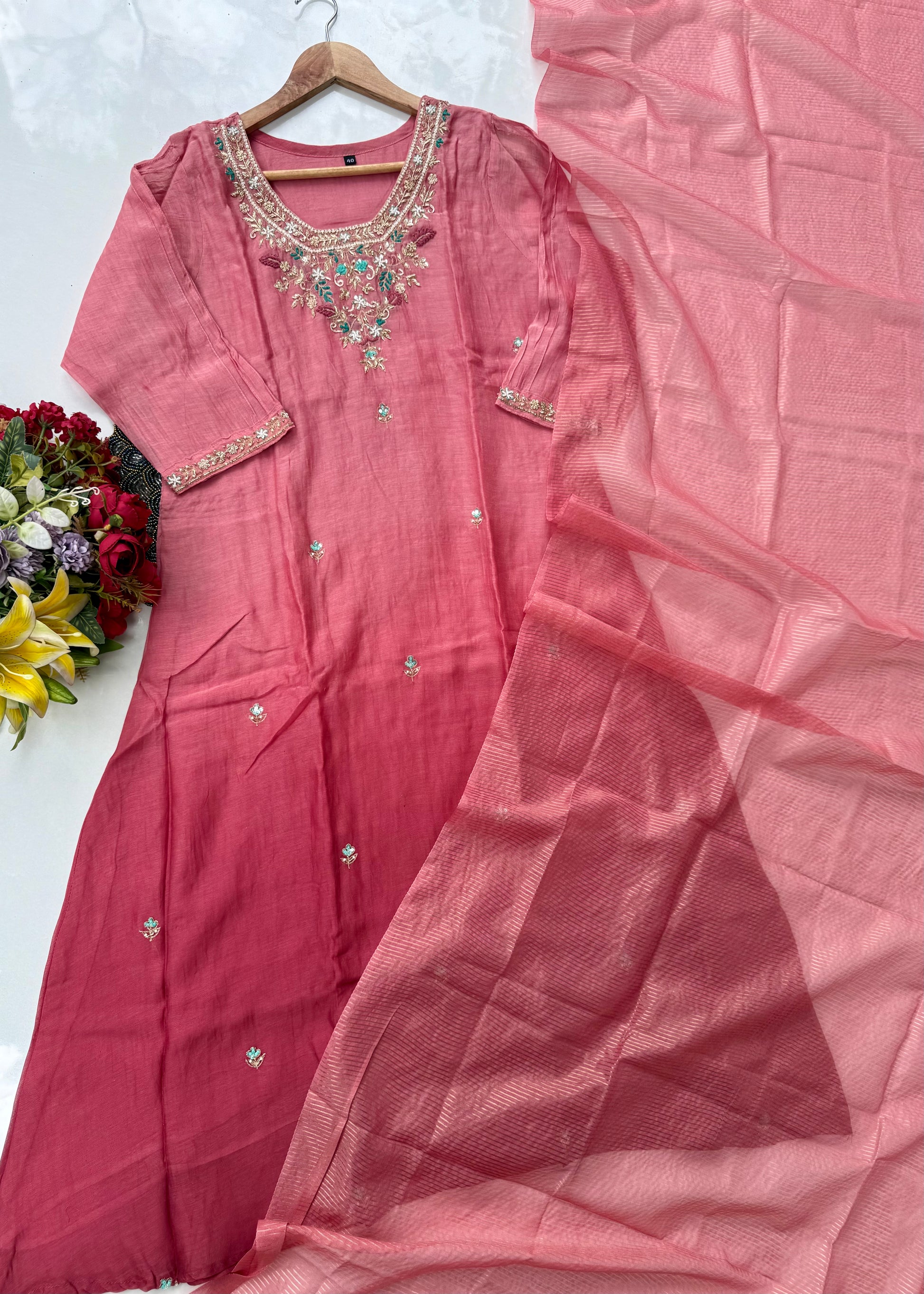 “Ruby” party wear Mul Chanderi Aline ombre kurta set 🛍️