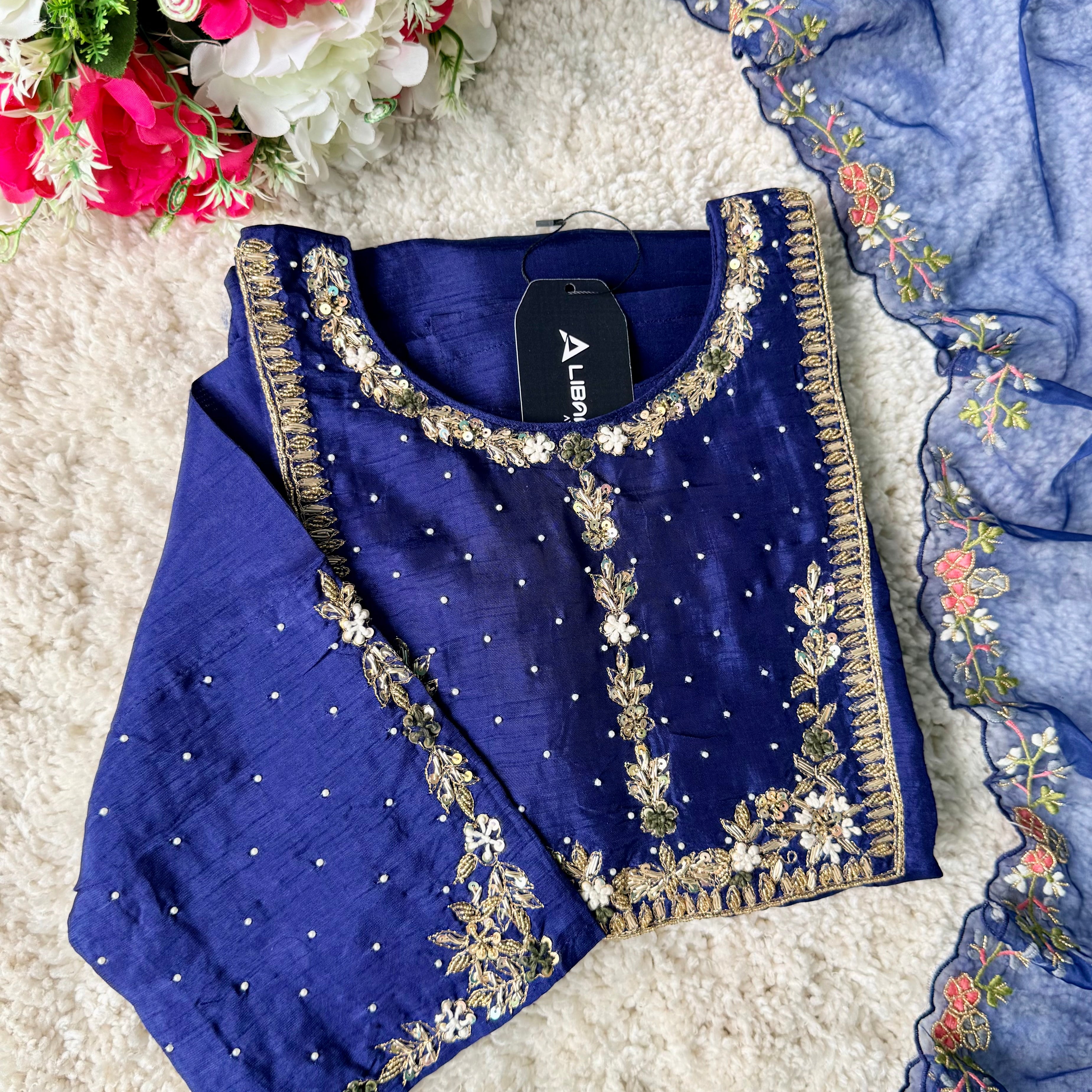 “ALKA” A very beautiful Blue piece with zardozi & zari handwork set