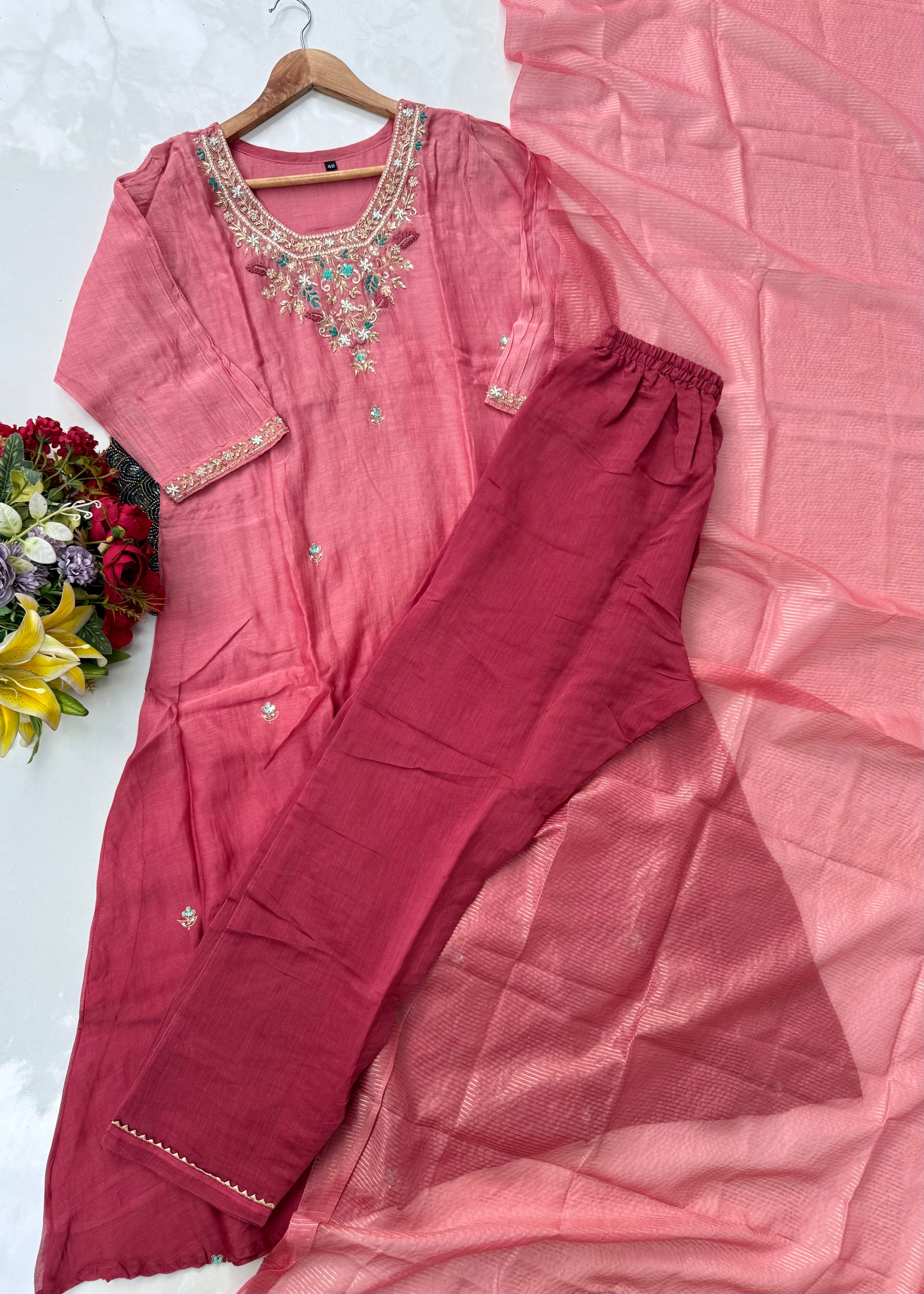 “Ruby” party wear Mul Chanderi Aline ombre kurta set 🛍️