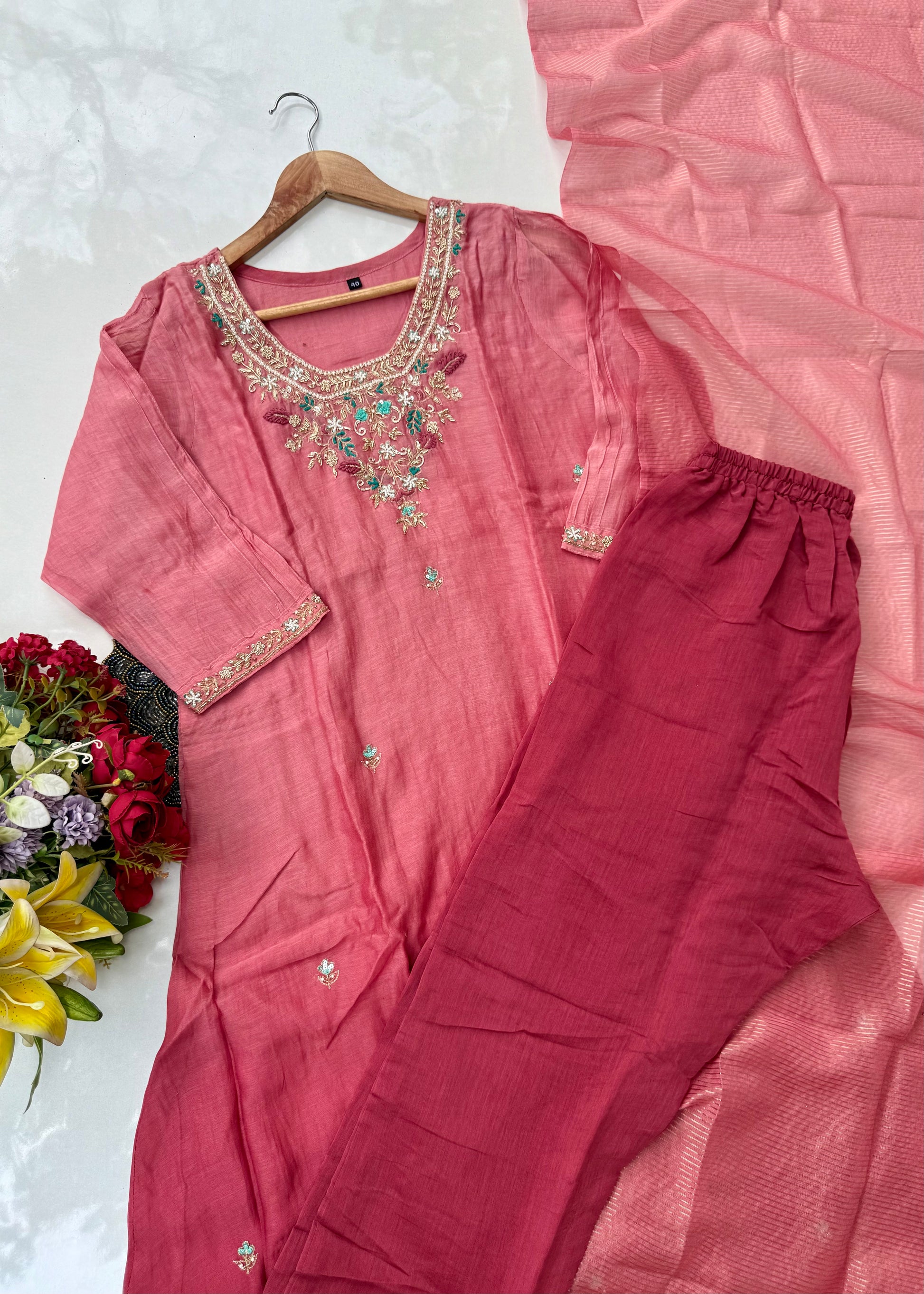 “Ruby” party wear Mul Chanderi Aline ombre kurta set 🛍️