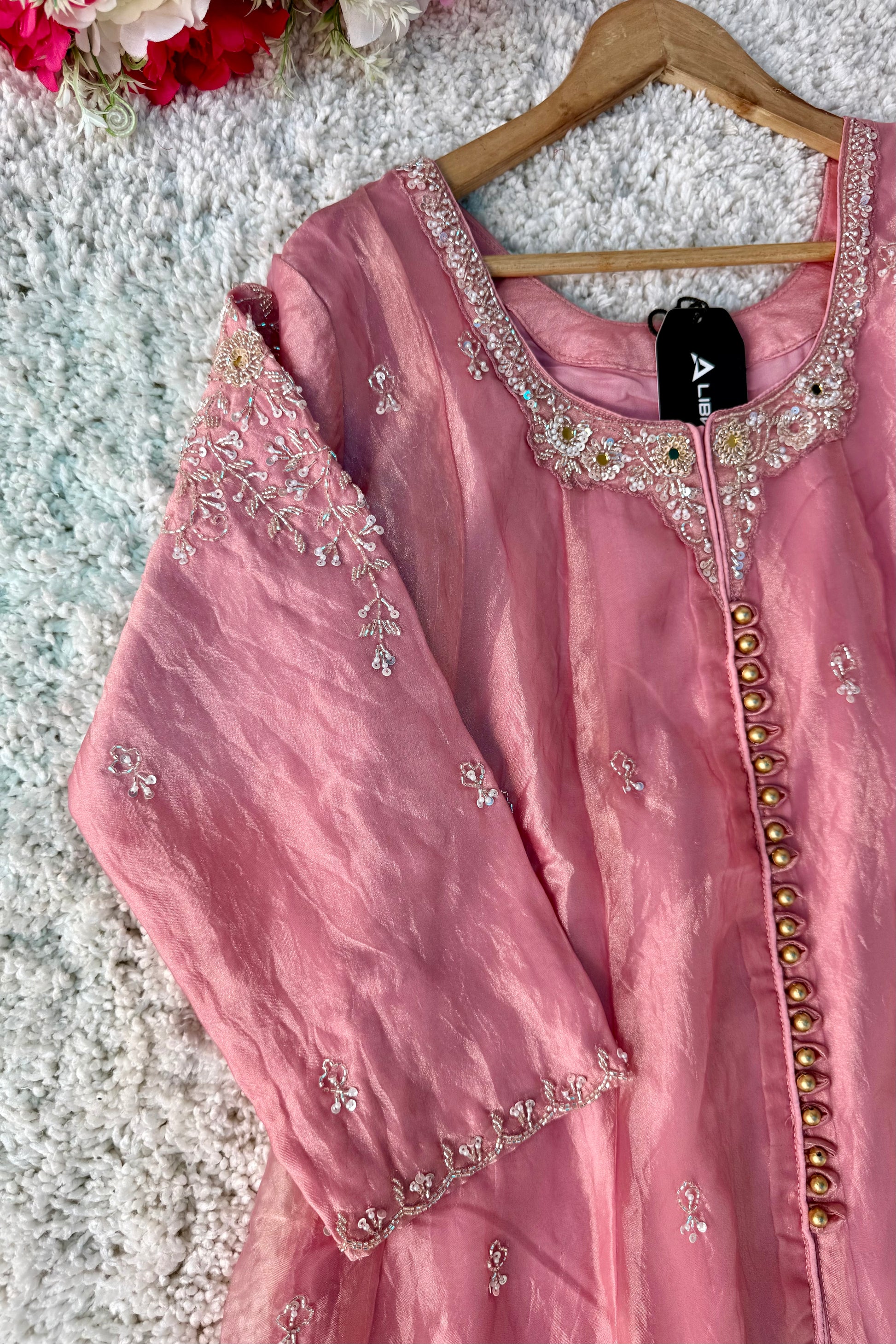 ✨Aiyana- Rose Pink Crushed Tissue Heavy Anarkali Kurta Set