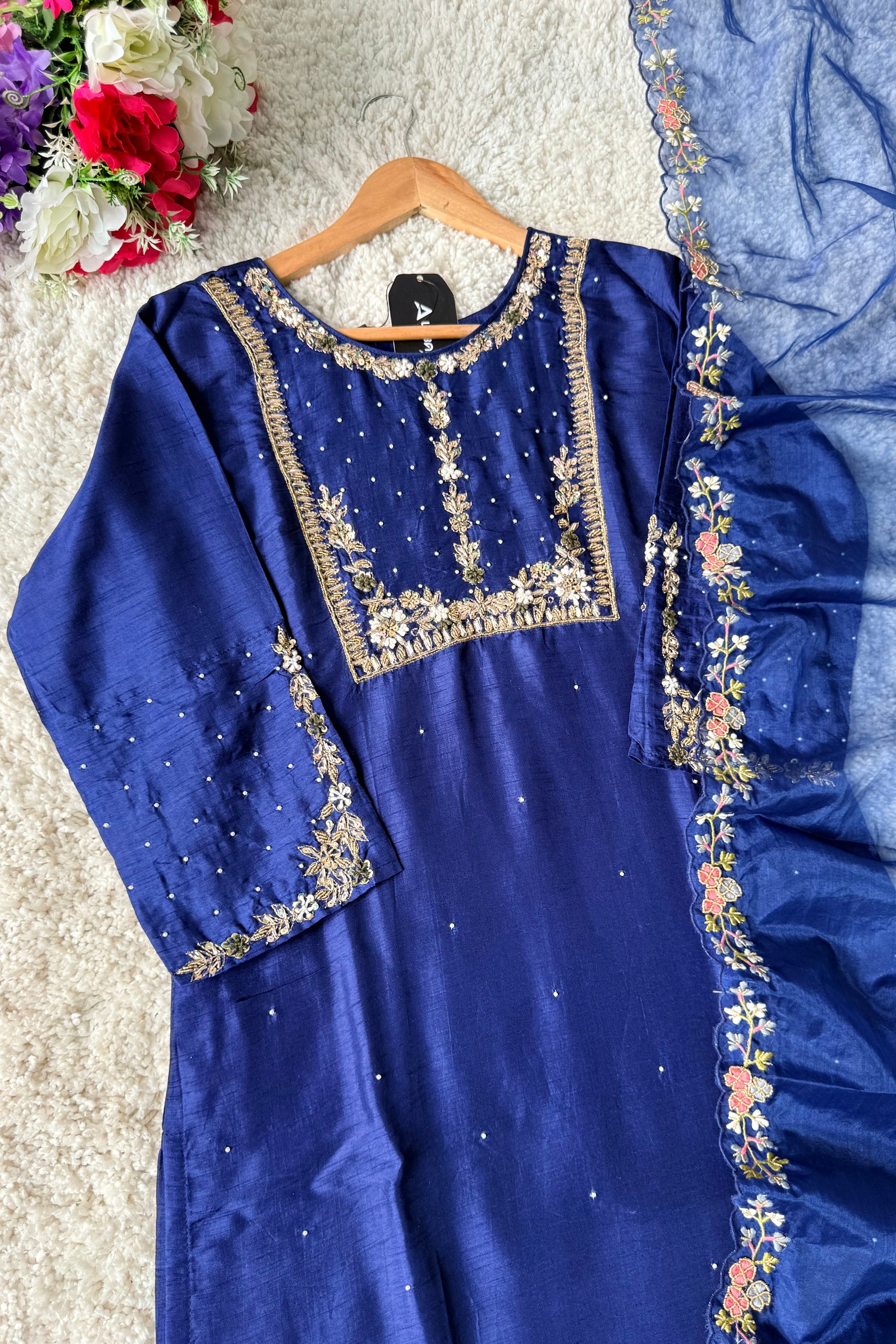 “ALKA” A very beautiful Blue piece with zardozi & zari handwork set