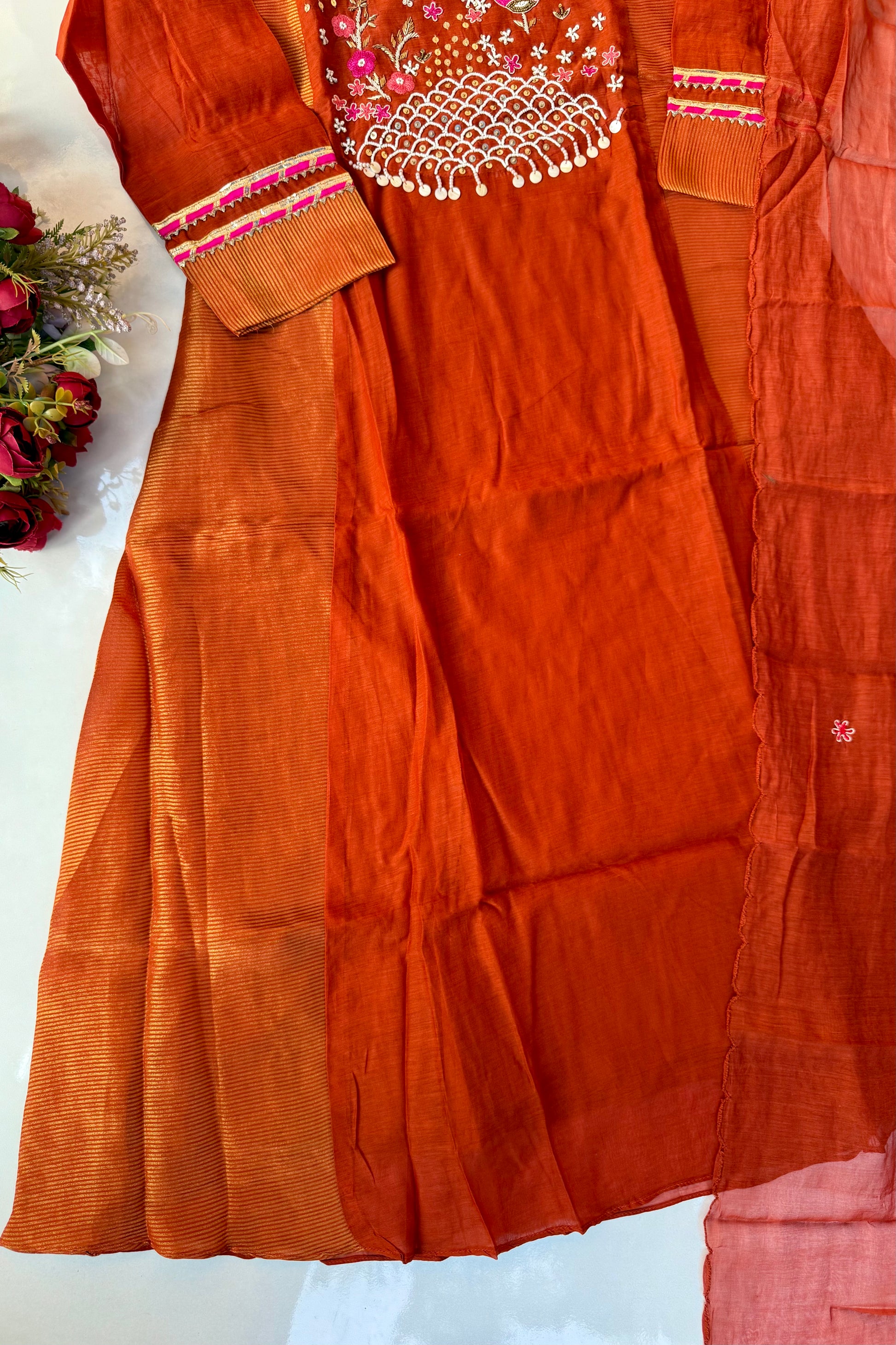 “Ishani” Premium Mul Chanderi A line Anarkali Kurta Set