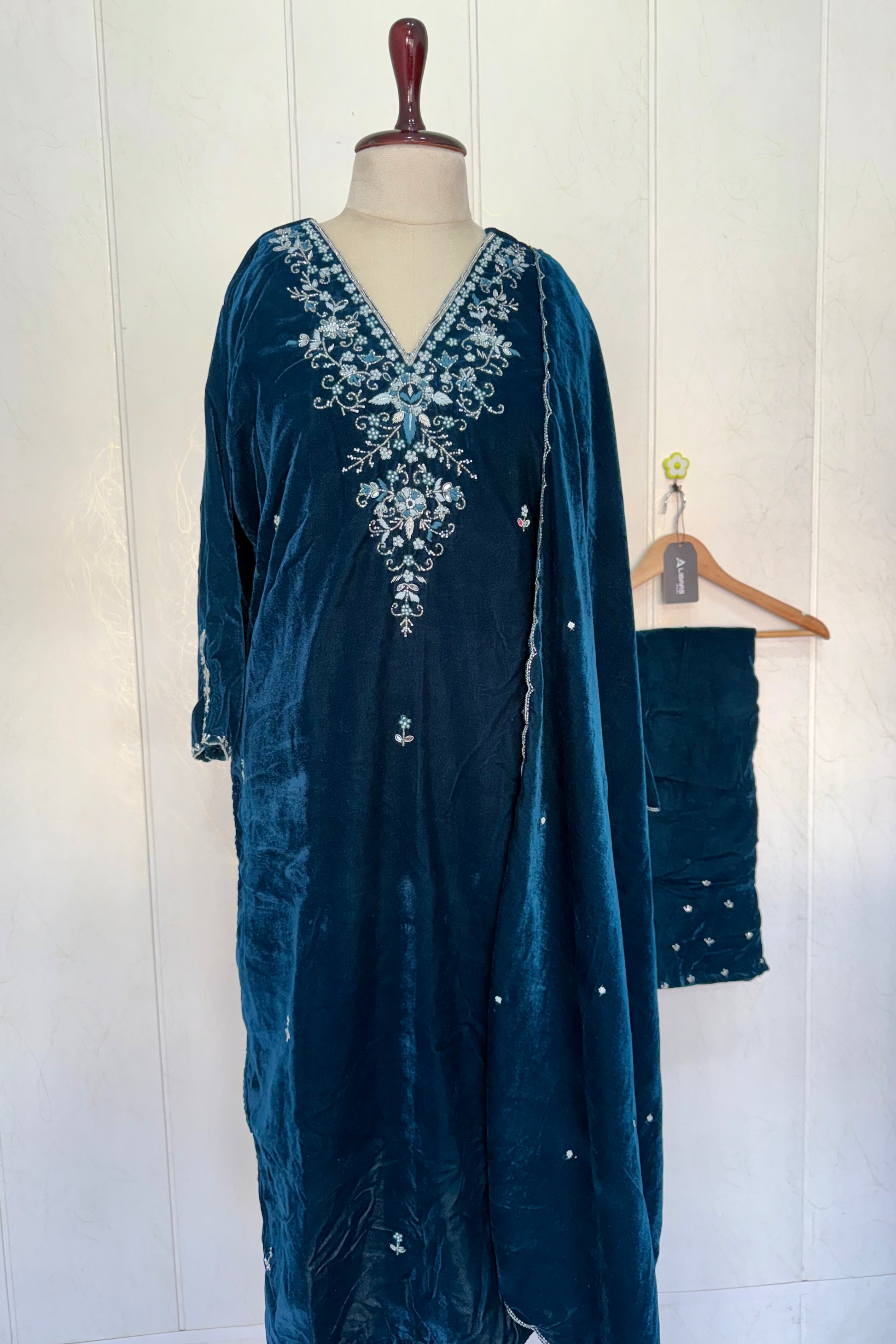 “Kiara” Peacock blue heavy velvet suit set