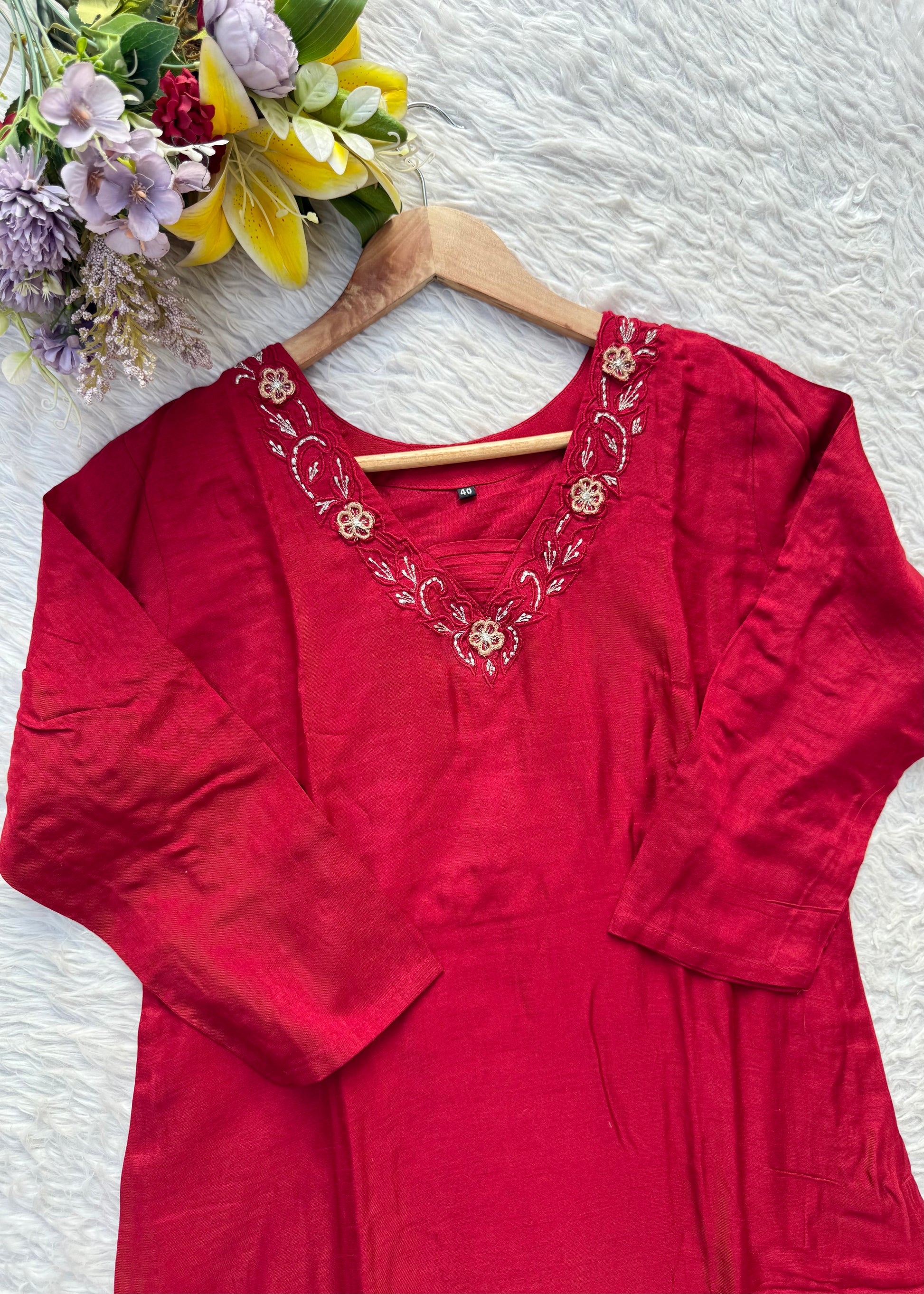 “ROWAN” Premium dola silk daman work maroon suit set