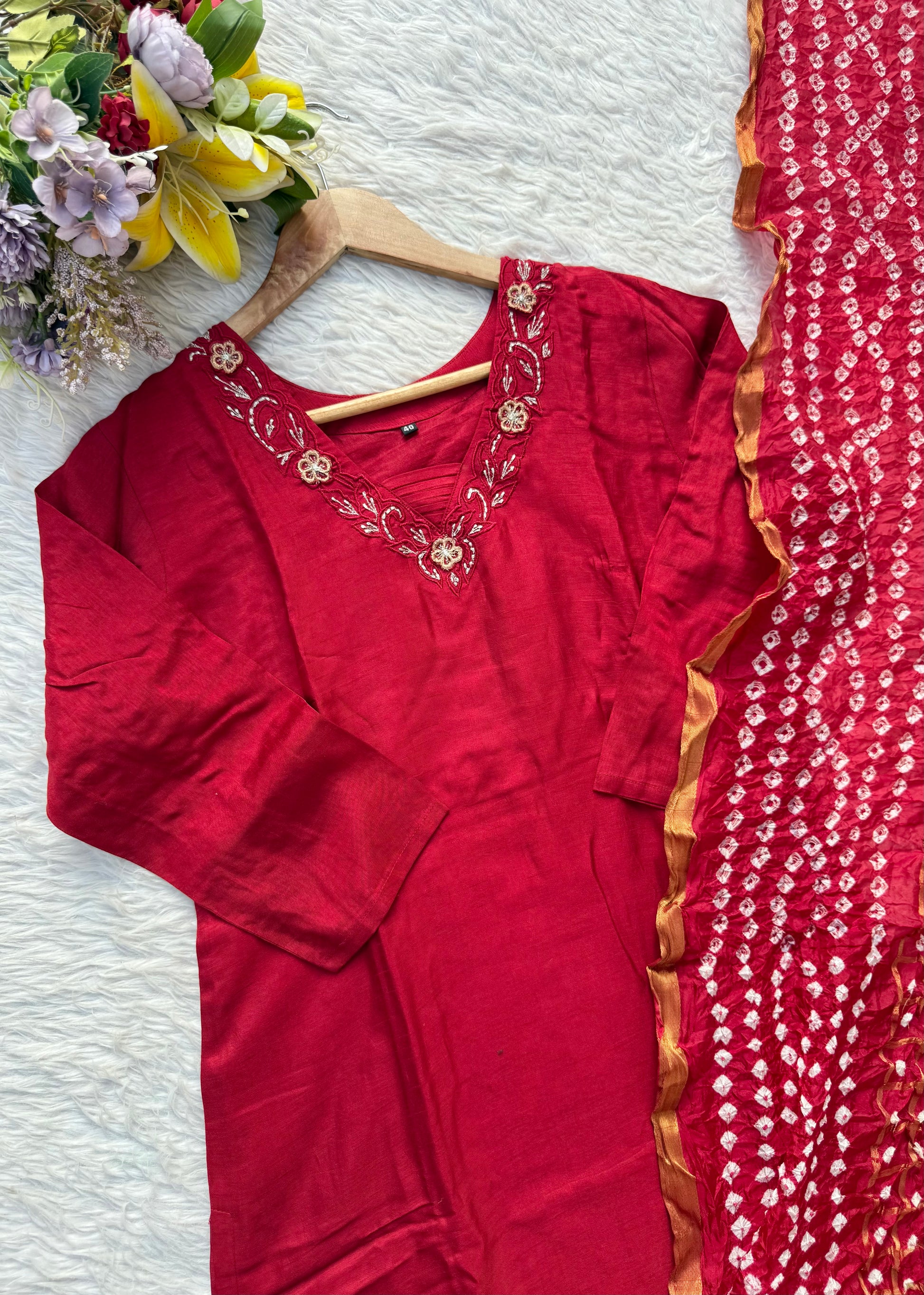 “ROWAN” Premium dola silk daman work maroon suit set