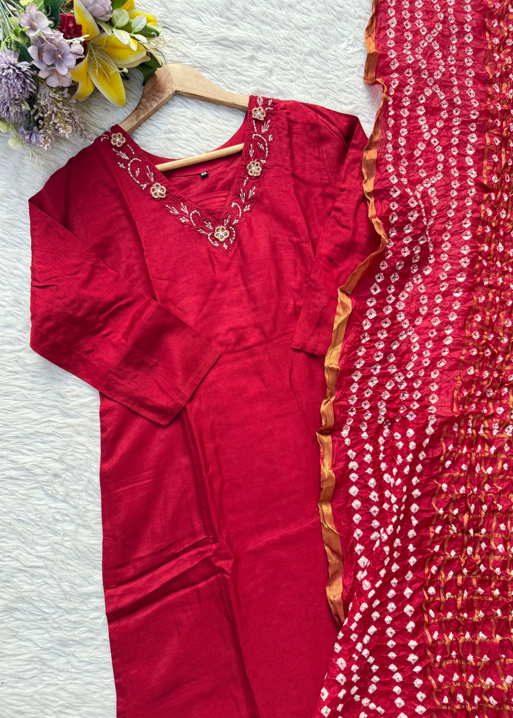 “ROWAN” Premium dola silk daman work maroon suit set