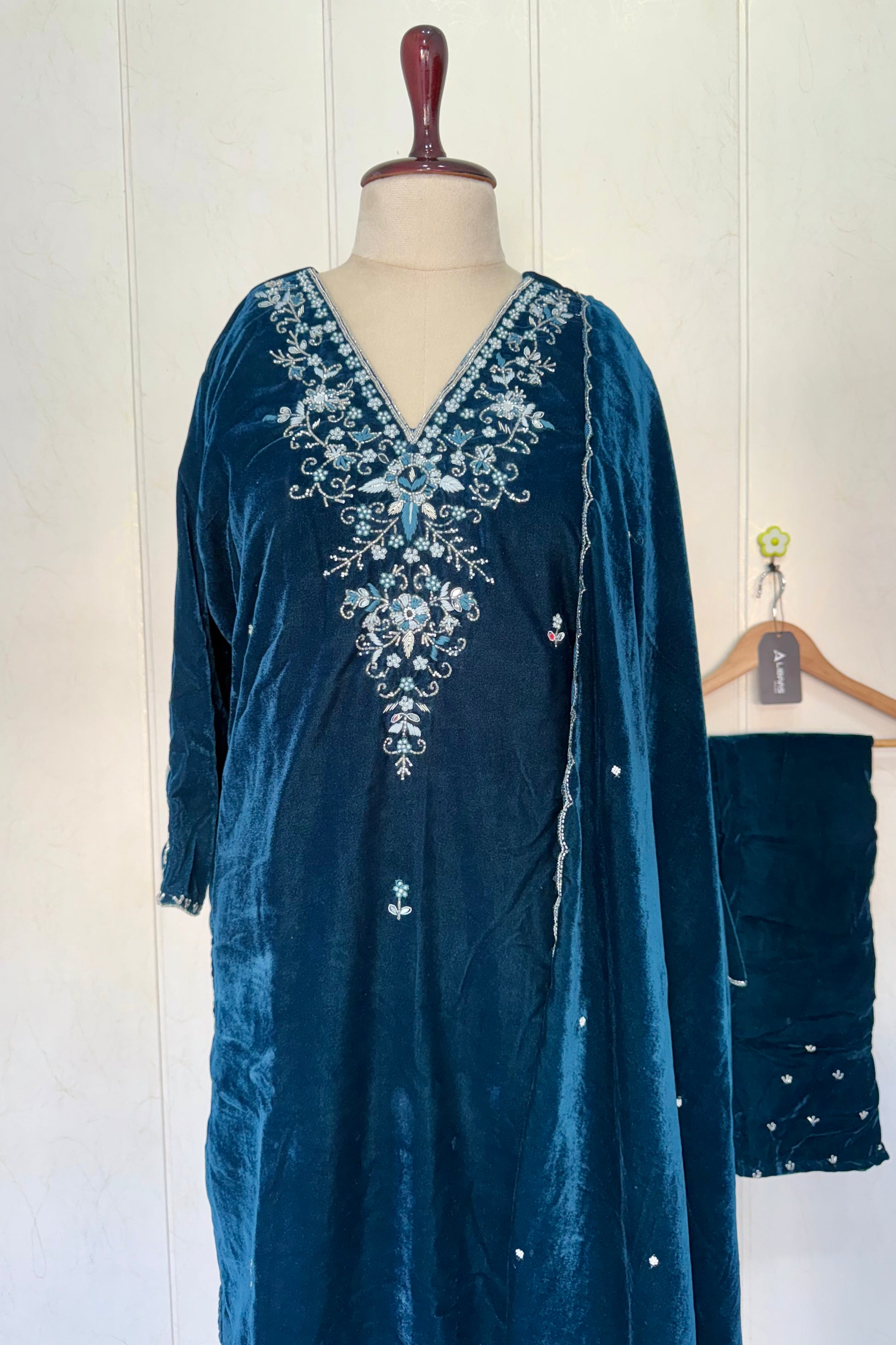 “Kiara” Peacock blue heavy velvet suit set