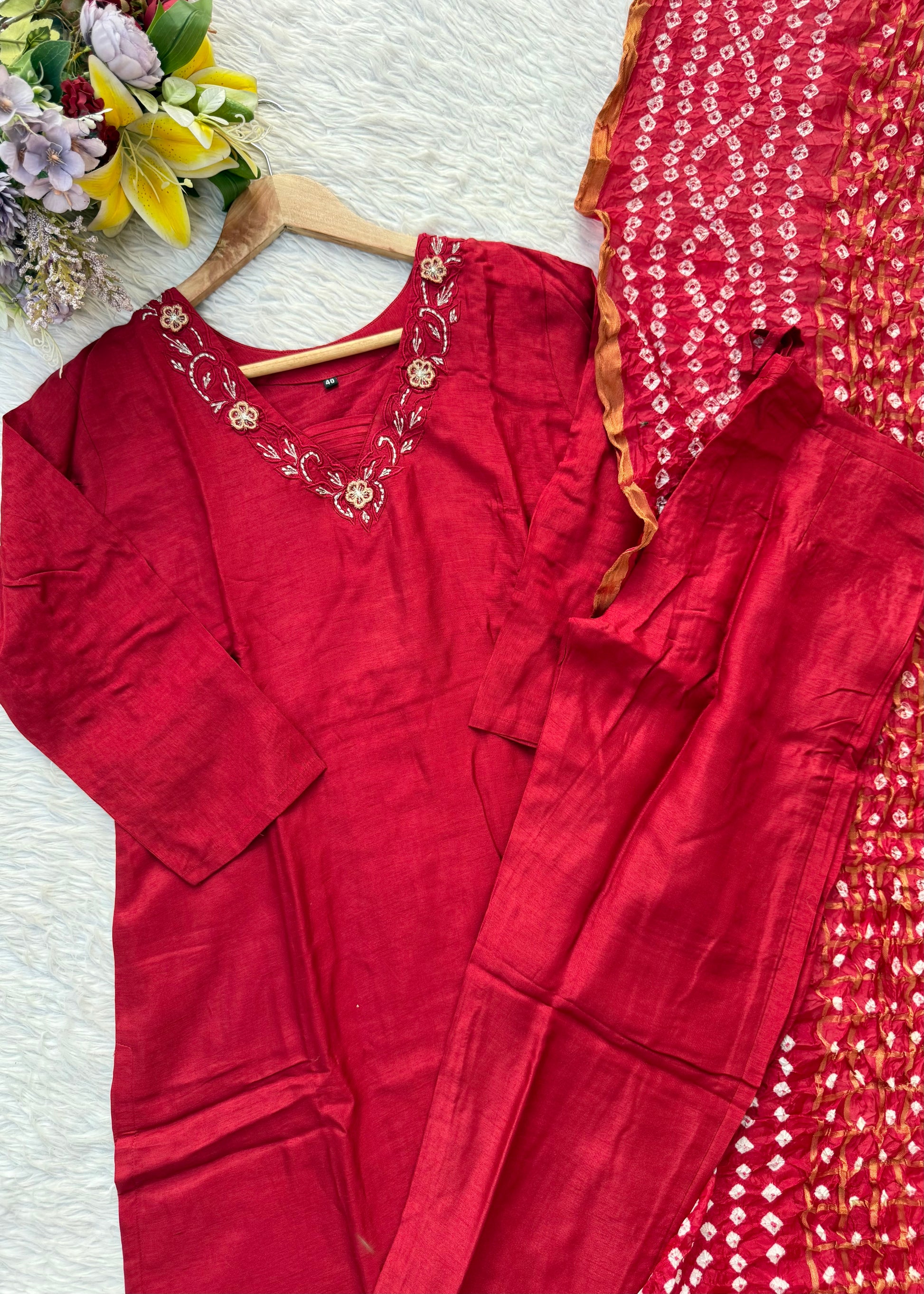 “ROWAN” Premium dola silk daman work maroon suit set