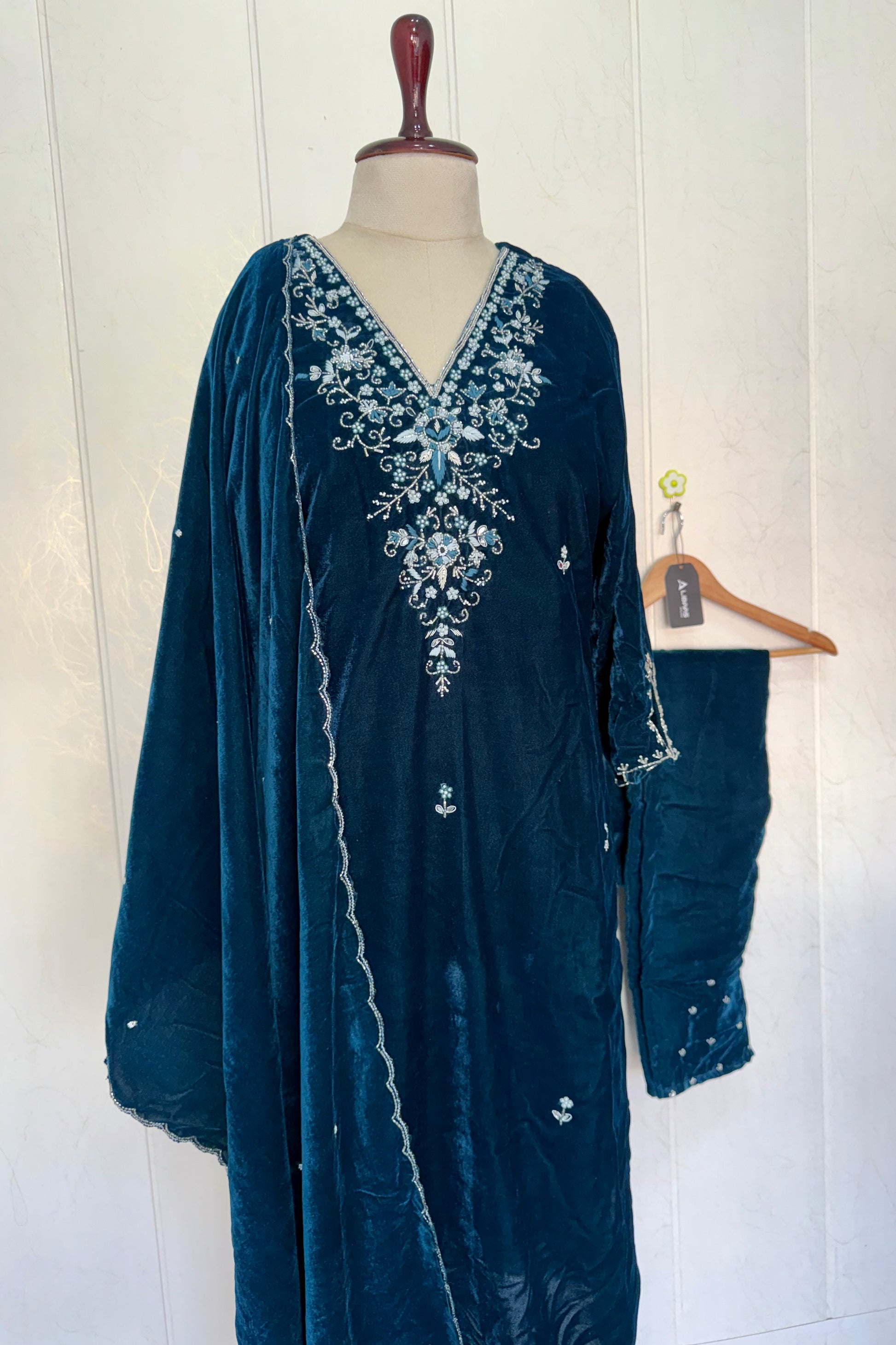 “Kiara” Peacock blue heavy velvet suit set