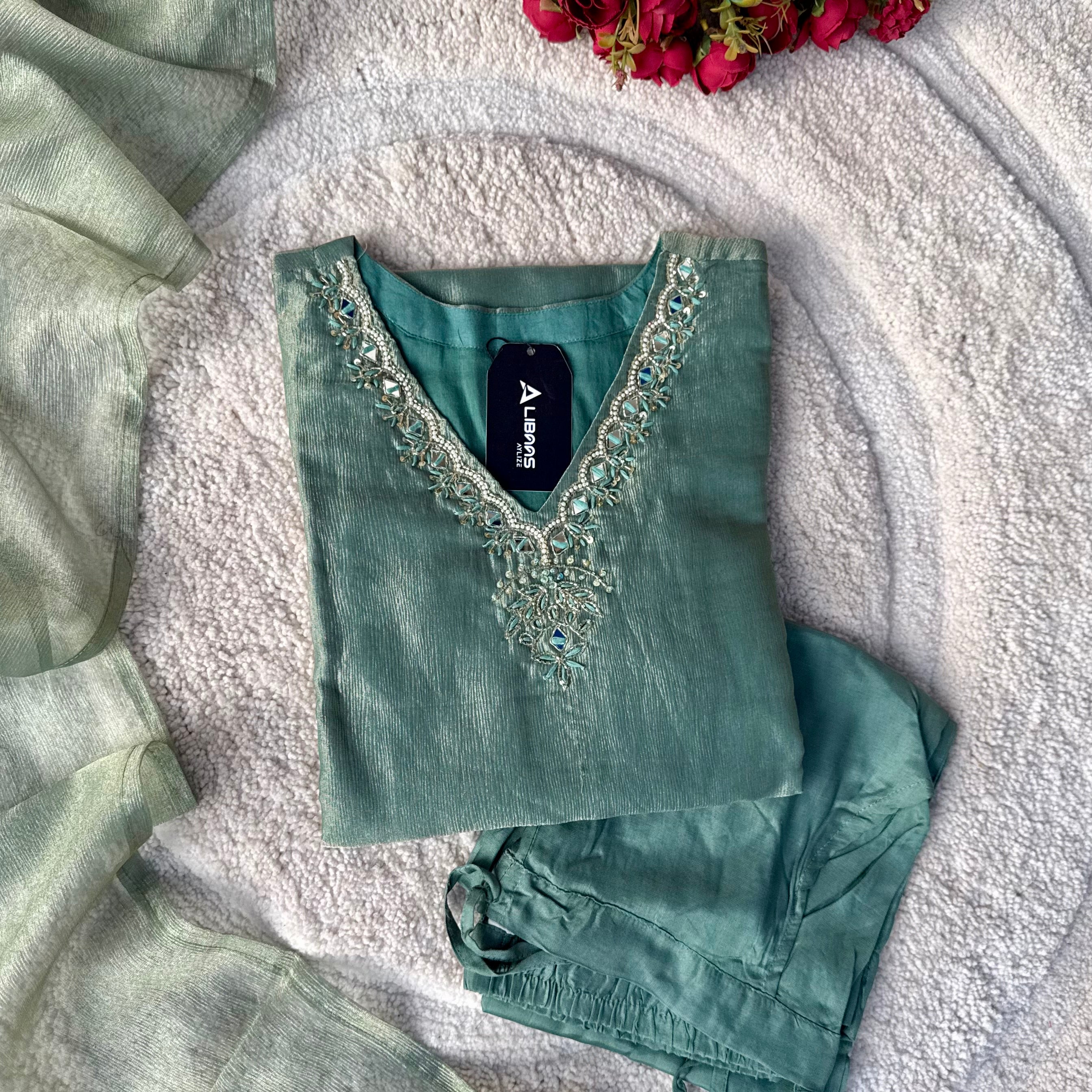 “Charvi” Crush tissue light weight v neck kurta set