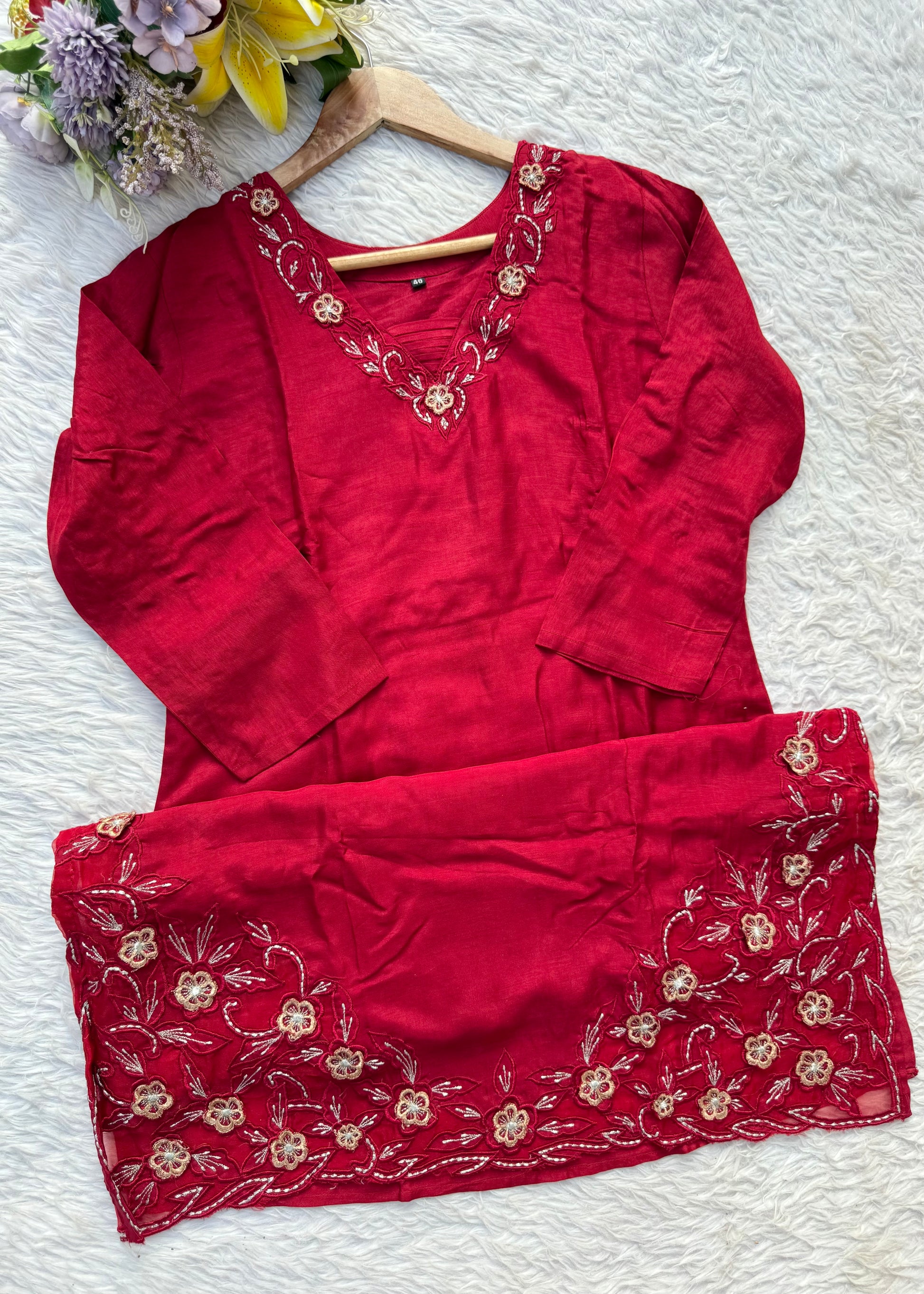 “ROWAN” Premium dola silk daman work maroon suit set
