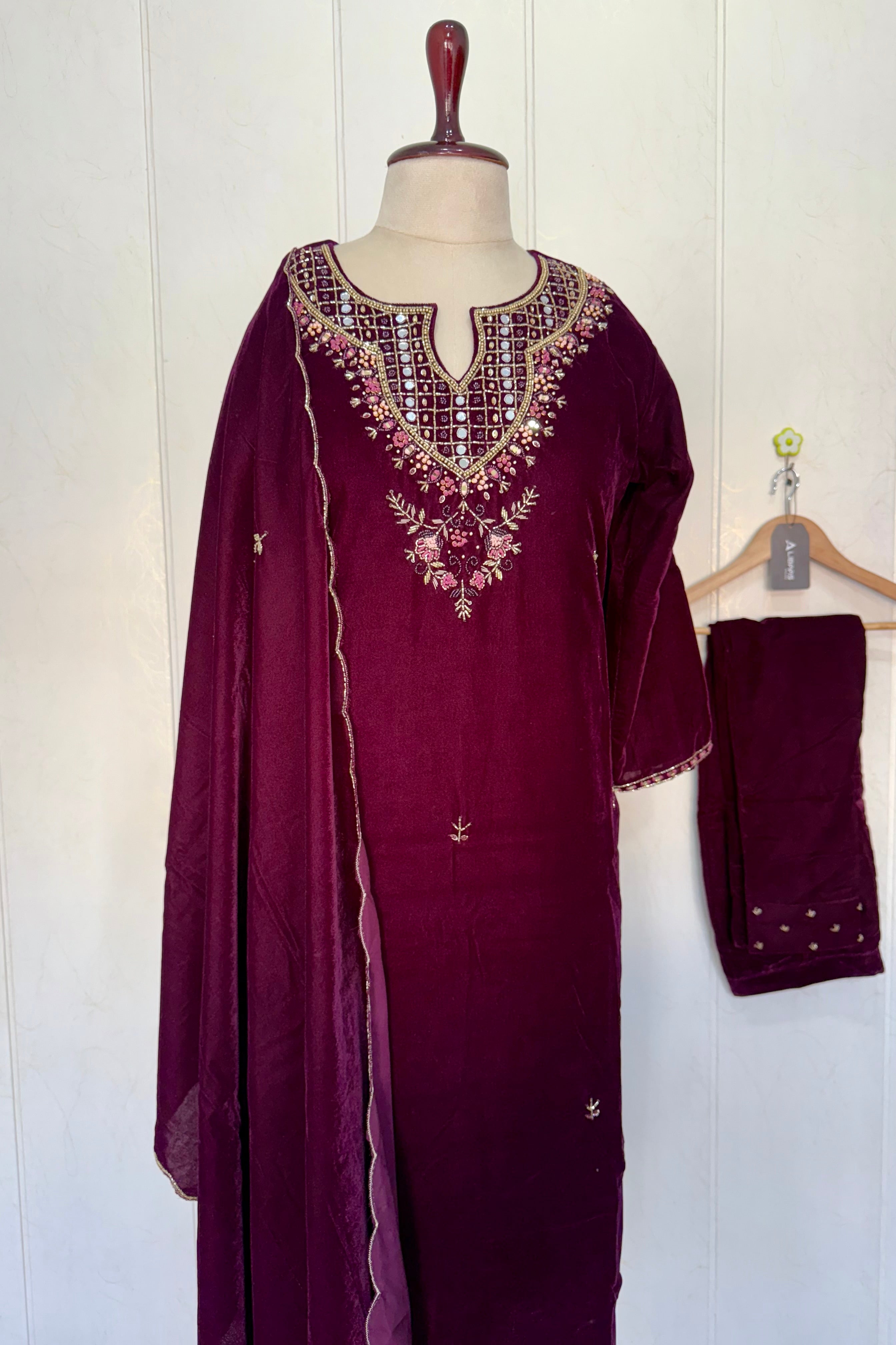 “Jivika” Maroon heavy velvet handwork suit set
