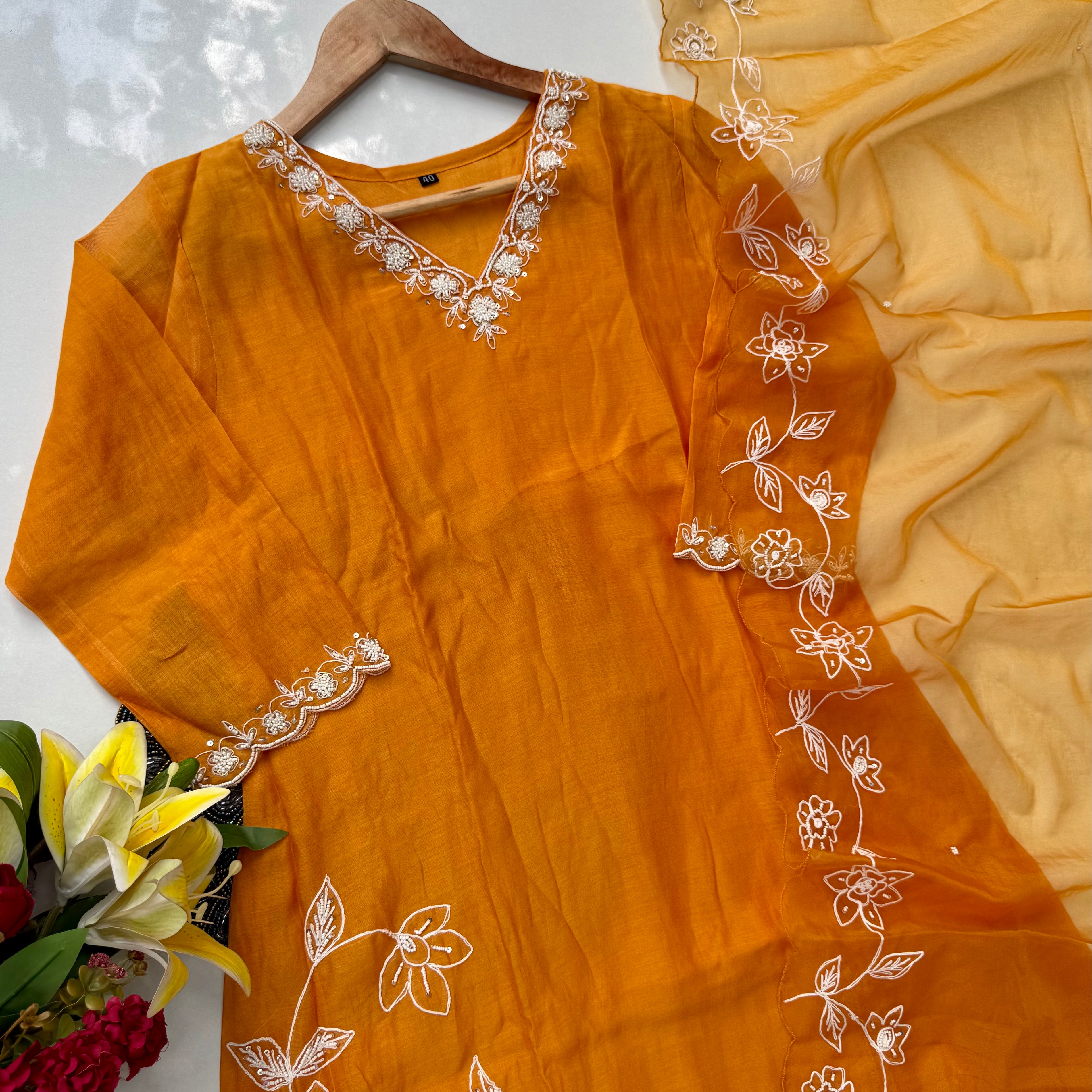 “NIMRIT” Orange party wear Mul Chanderi Aline kurta set 🛍️
