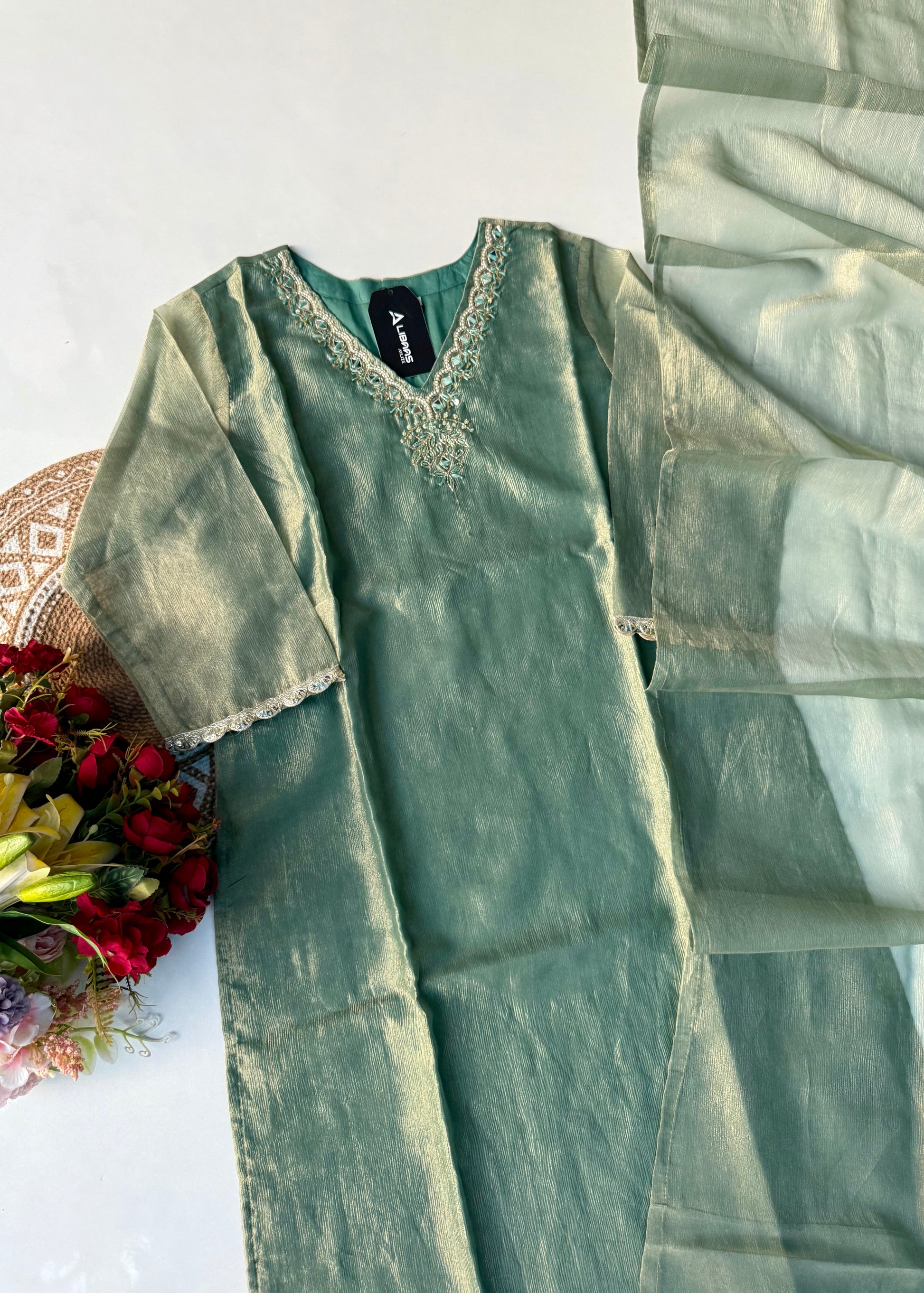 “Charvi” Crush tissue light weight v neck kurta set