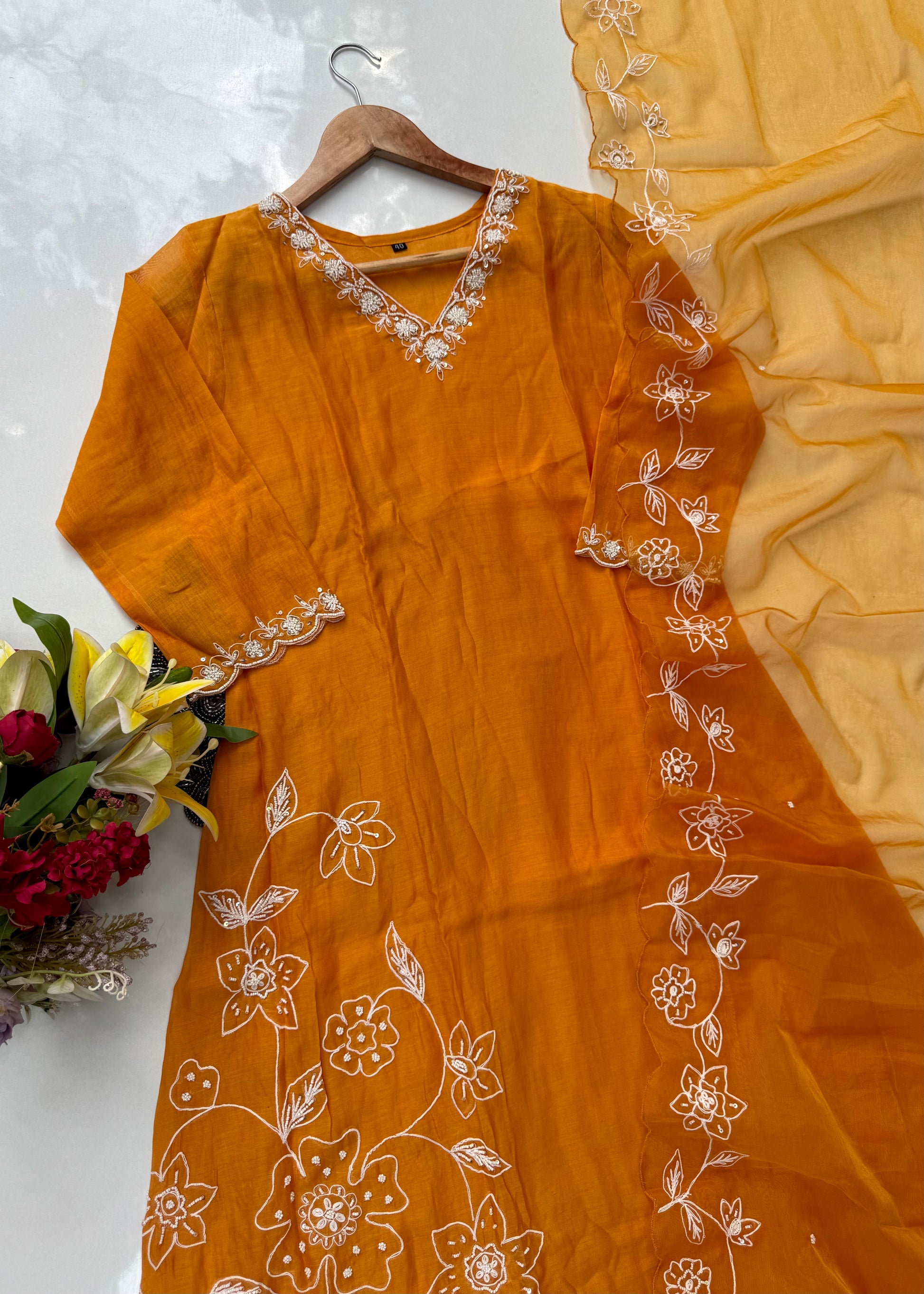 “NIMRIT” Orange party wear Mul Chanderi Aline kurta set 🛍️