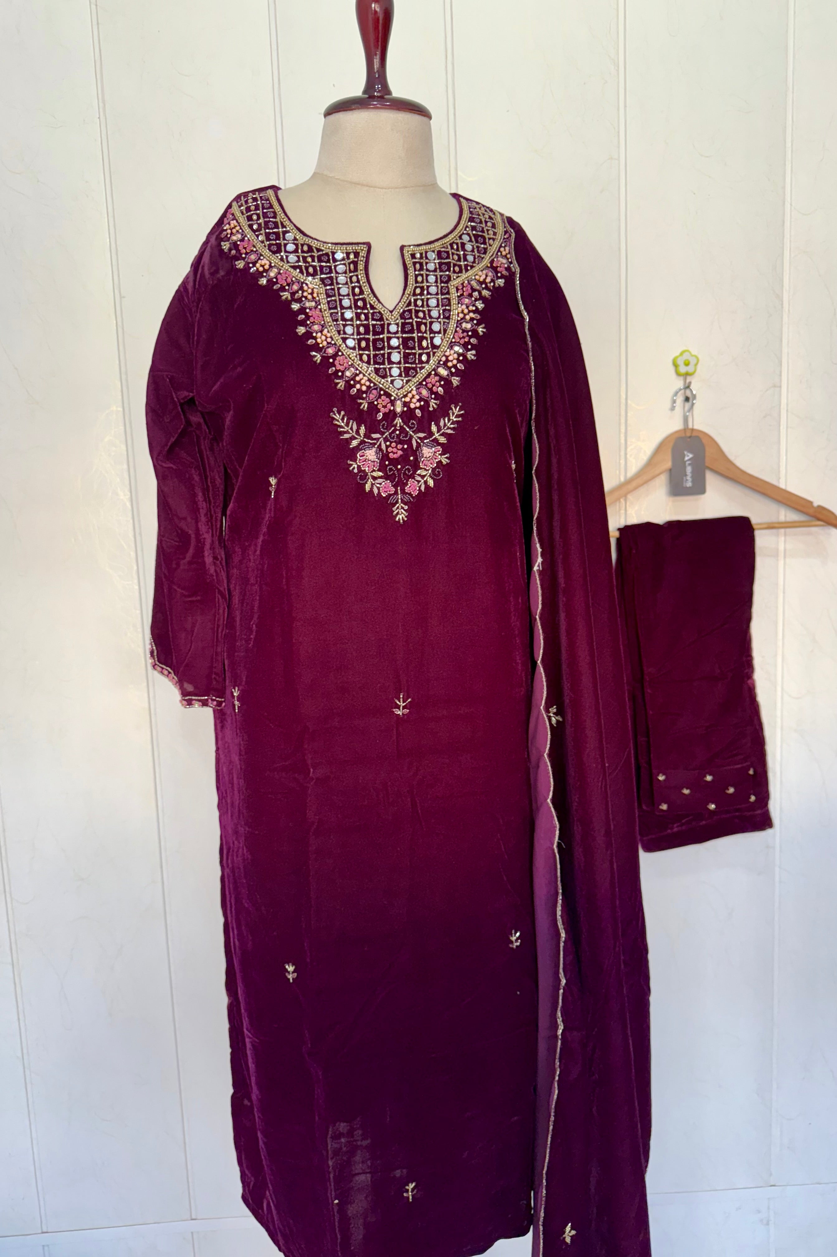 “Jivika” Maroon heavy velvet handwork suit set