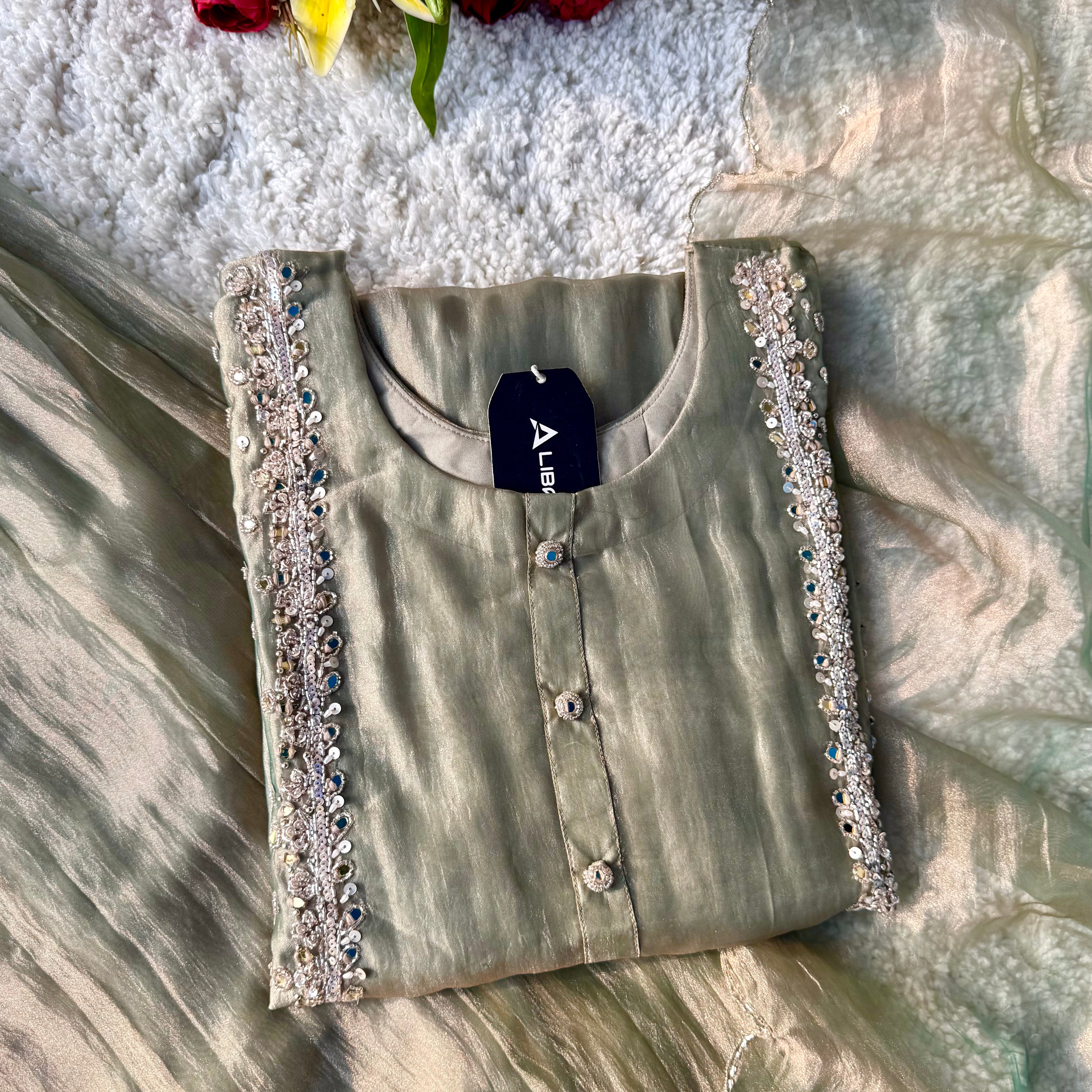 ✨Desert- Champagne Crushed Tissue Kurta Divider Sharara Set