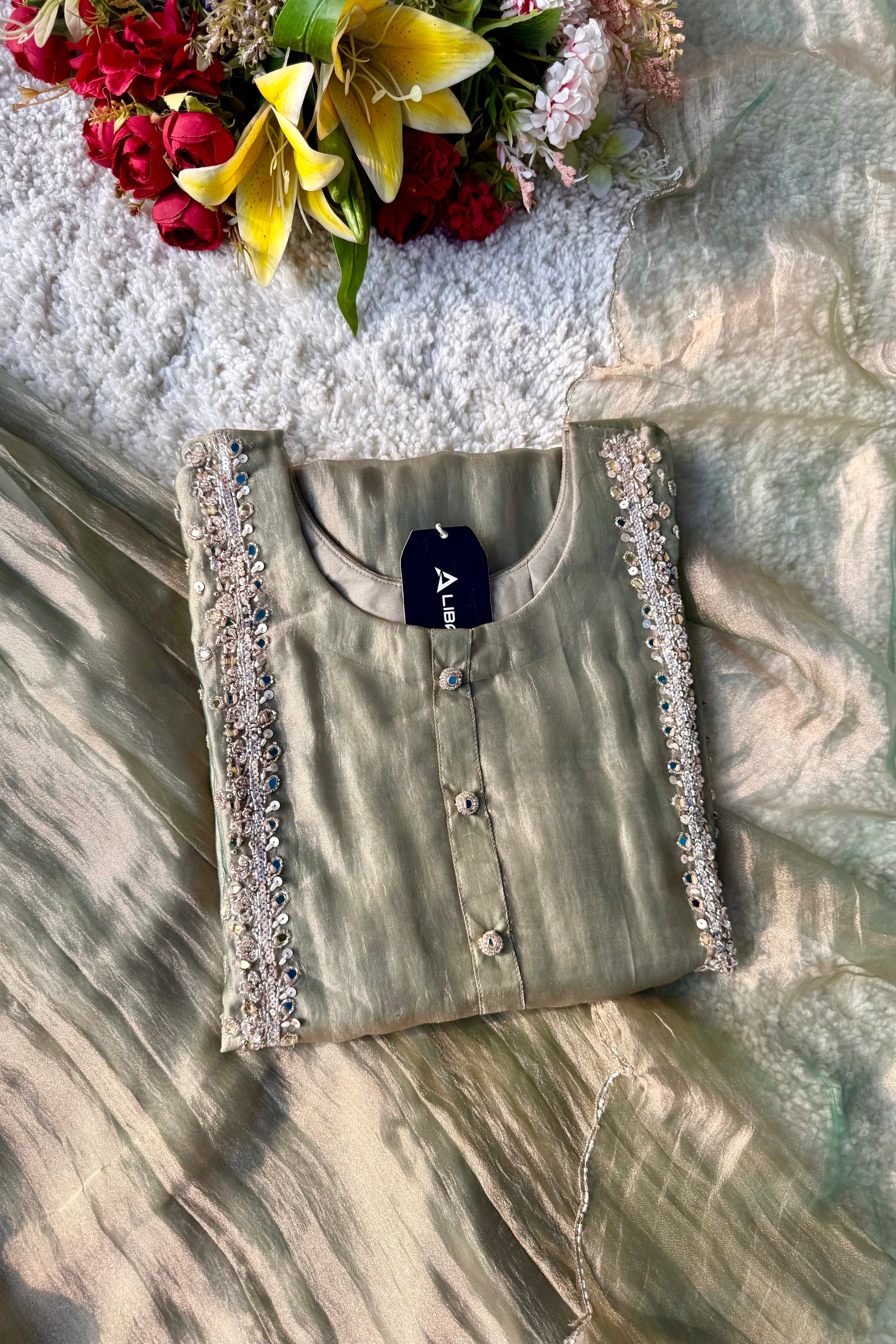 ✨Desert- Champagne Crushed Tissue Kurta Divider Sharara Set