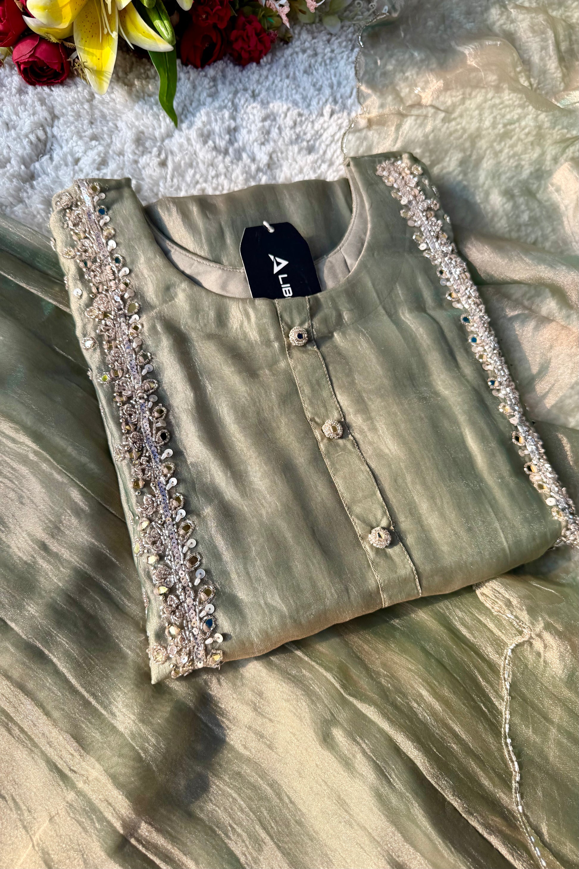 ✨Desert- Champagne Crushed Tissue Kurta Divider Sharara Set