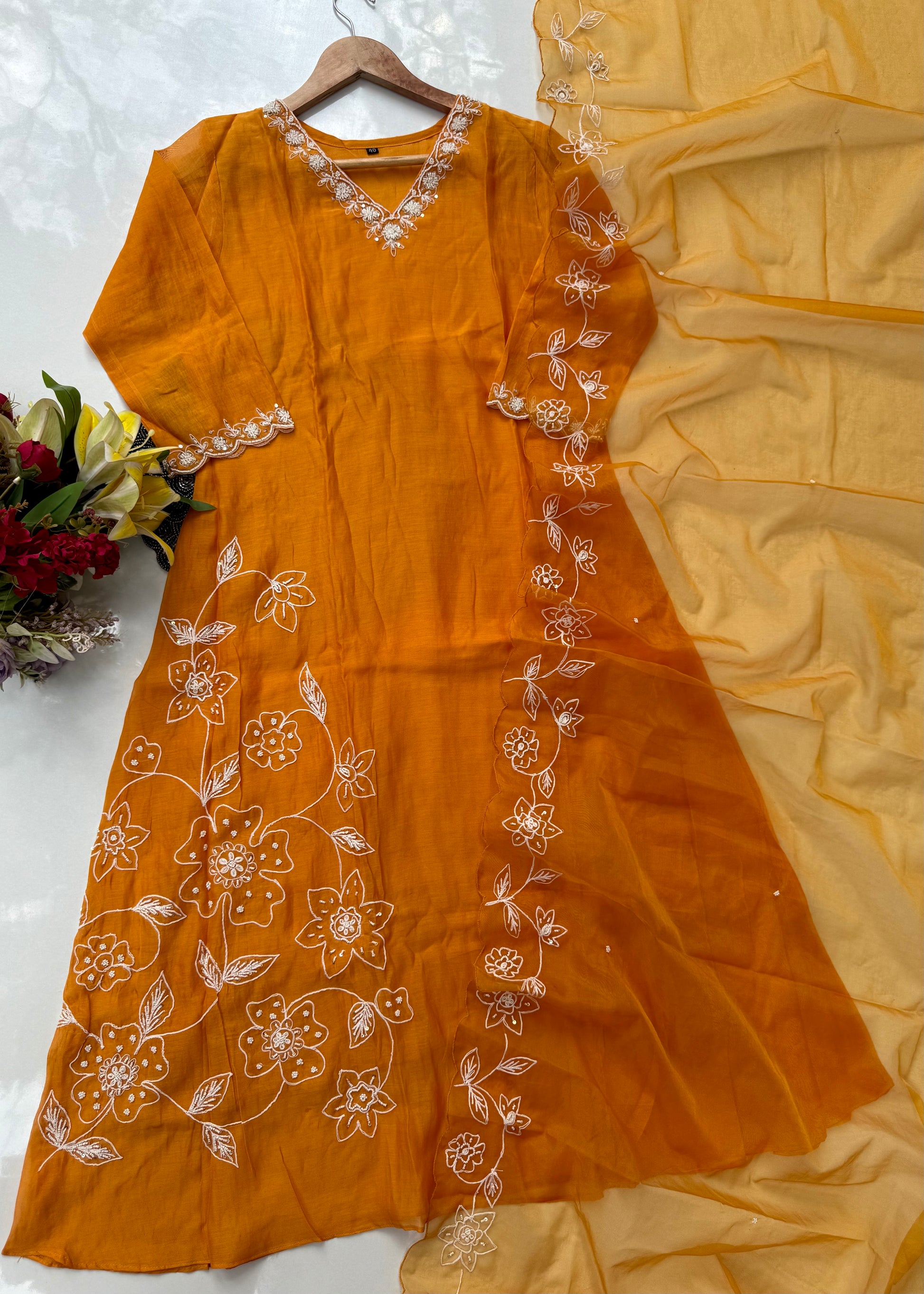 “NIMRIT” Orange party wear Mul Chanderi Aline kurta set 🛍️