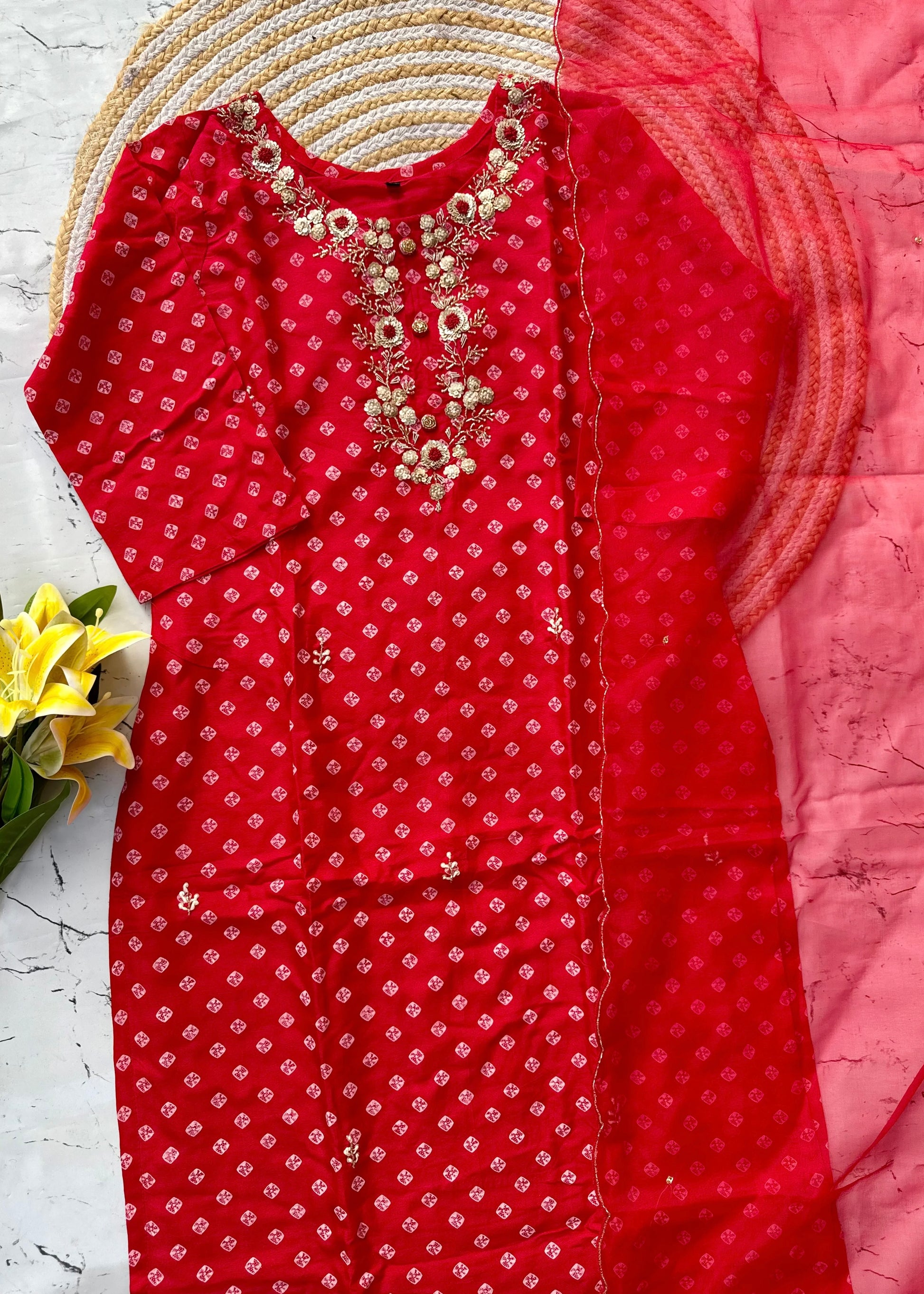 ‘’ BHANDEJ” Beautiful red shade bhandej dola silk set