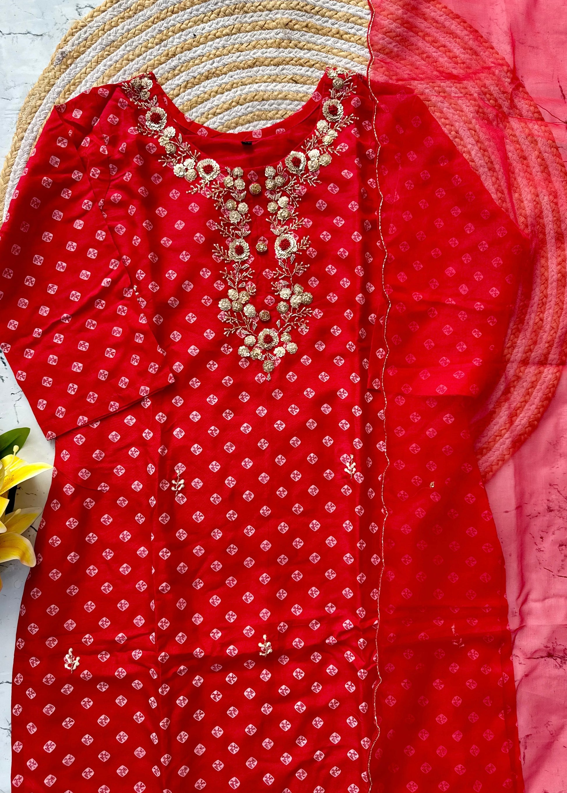 ‘’ BHANDEJ” Beautiful red shade bhandej dola silk set