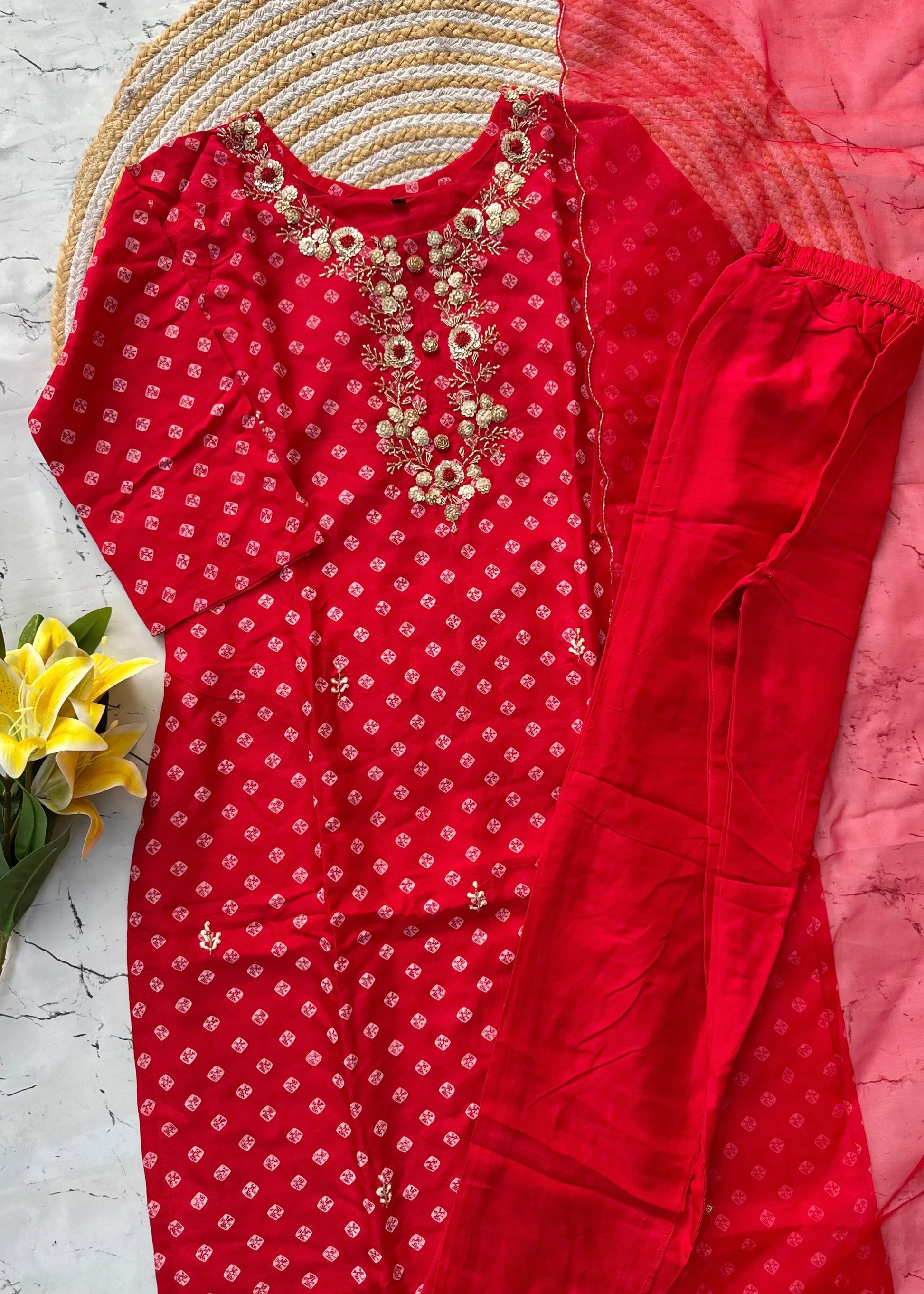 ‘’ BHANDEJ” Beautiful red shade bhandej dola silk set