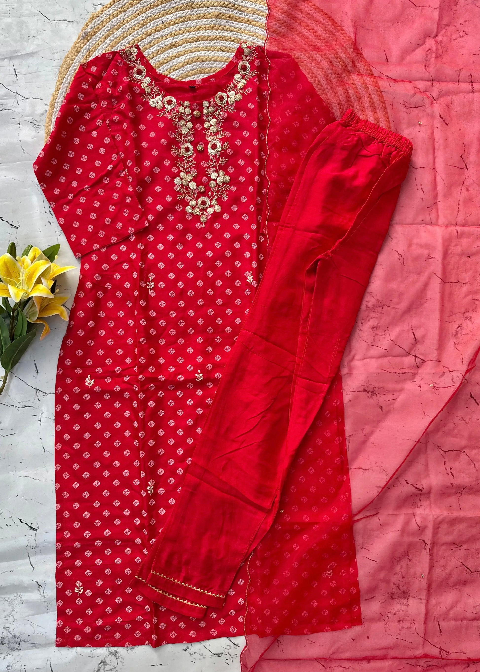 ‘’ BHANDEJ” Beautiful red shade bhandej dola silk set
