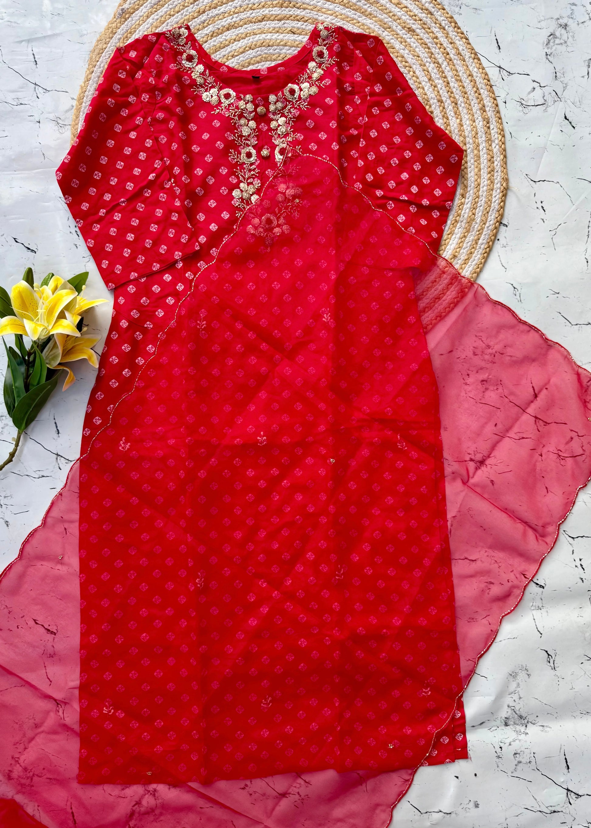 ‘’ BHANDEJ” Beautiful red shade bhandej dola silk set