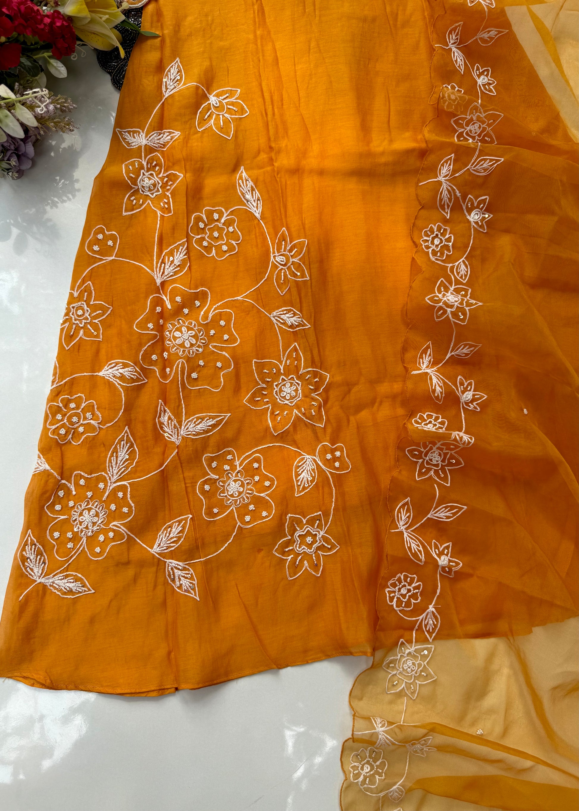 “NIMRIT” Orange party wear Mul Chanderi Aline kurta set 🛍️