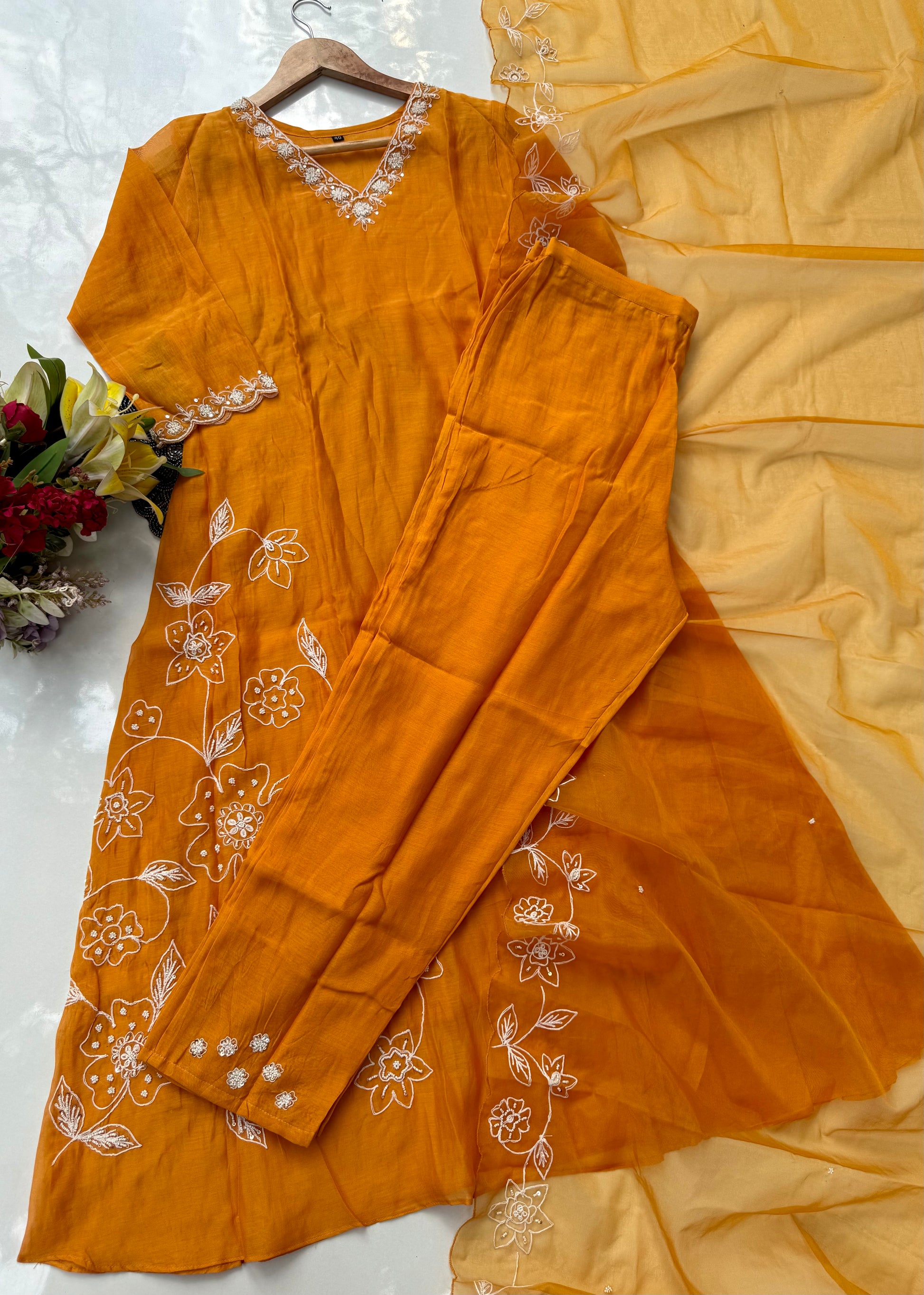 “NIMRIT” Orange party wear Mul Chanderi Aline kurta set 🛍️