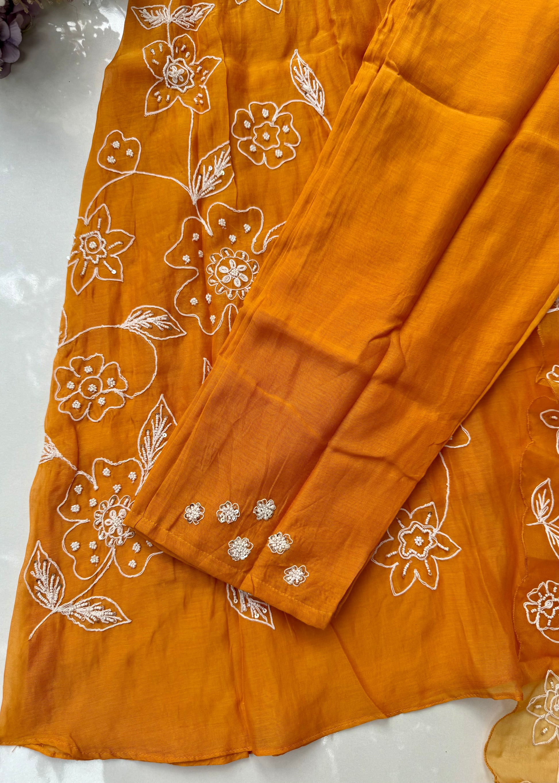 “NIMRIT” Orange party wear Mul Chanderi Aline kurta set 🛍️