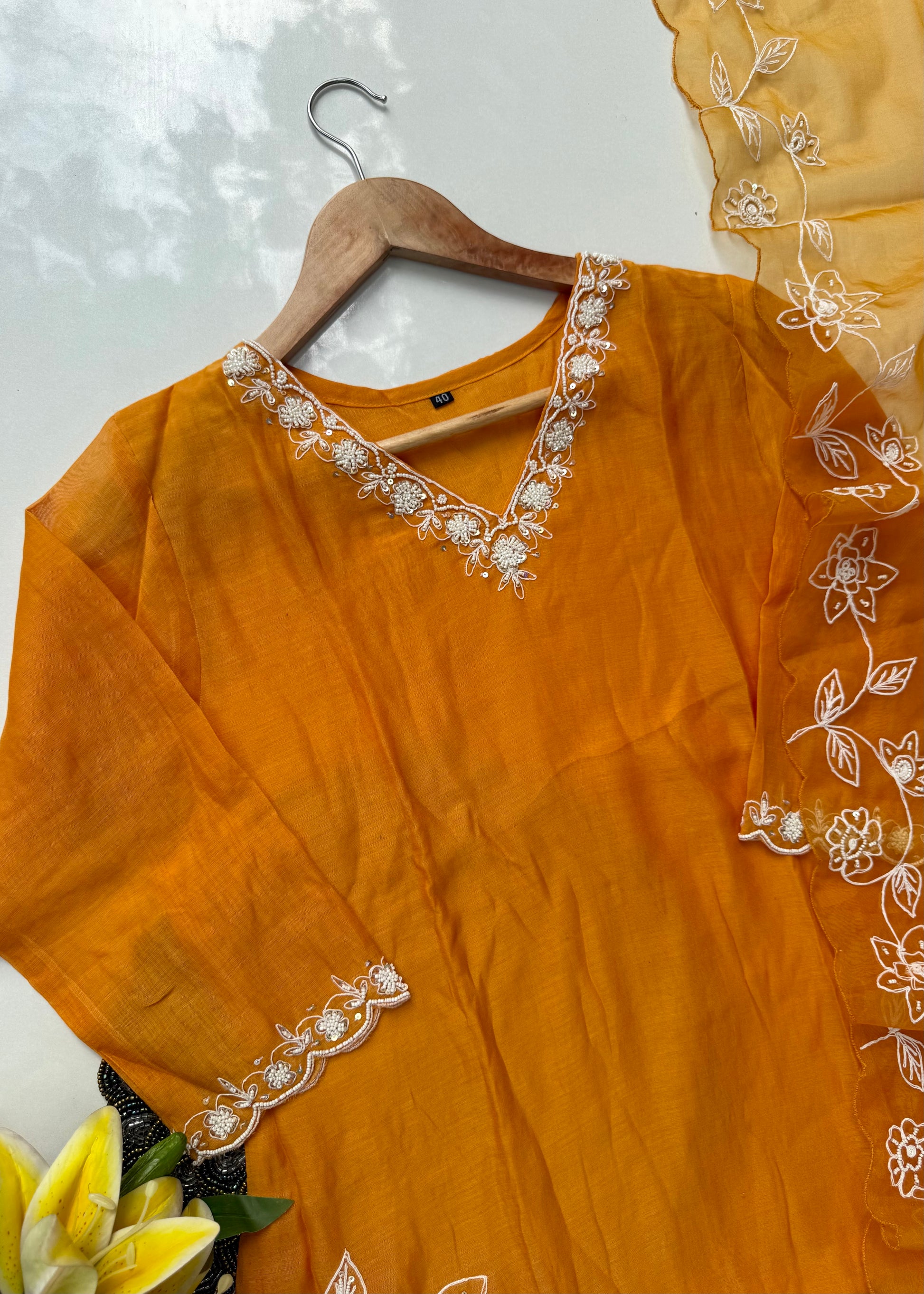 “NIMRIT” Orange party wear Mul Chanderi Aline kurta set 🛍️