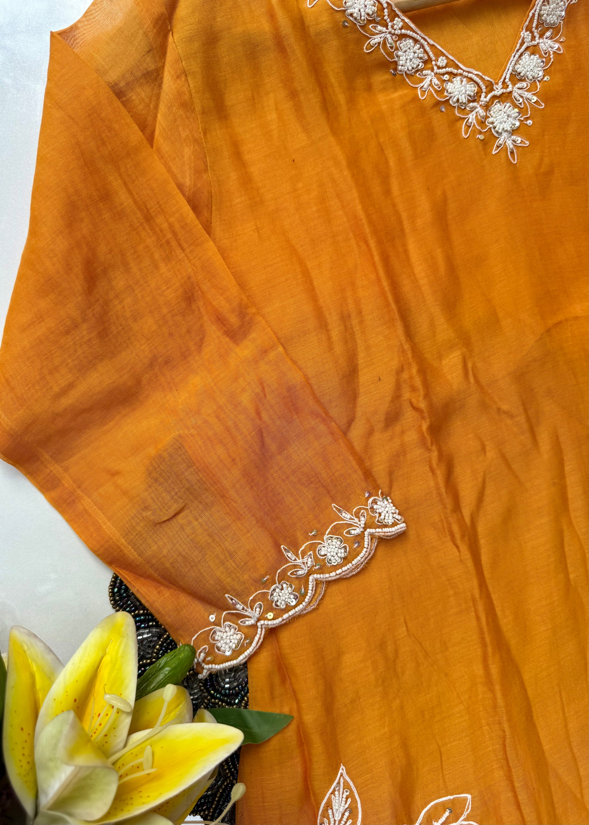 “NIMRIT” Orange party wear Mul Chanderi Aline kurta set 🛍️