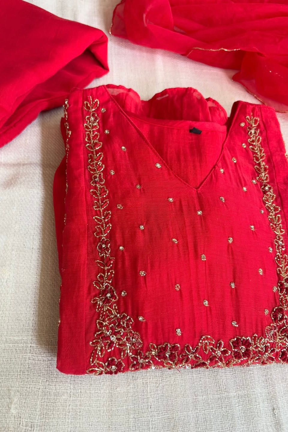 “Ayza” Premium Red Mul Chanderi A Line Suit set 🛍️