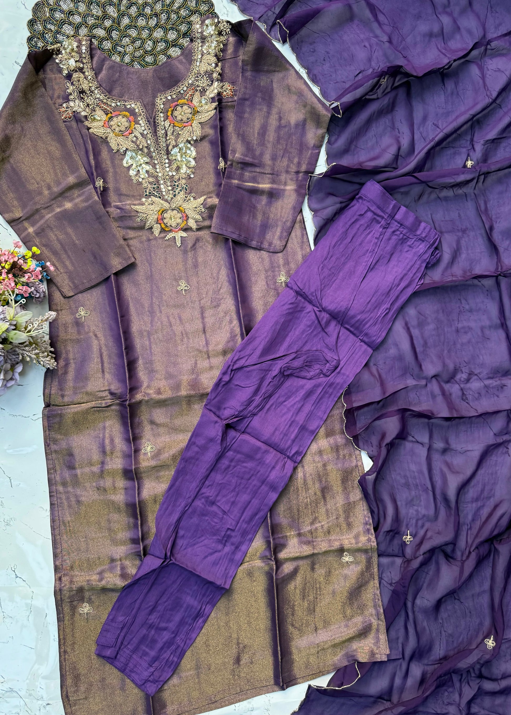 “HAYAT” Premium tissue silk stright kurti bottom with dupatta set
