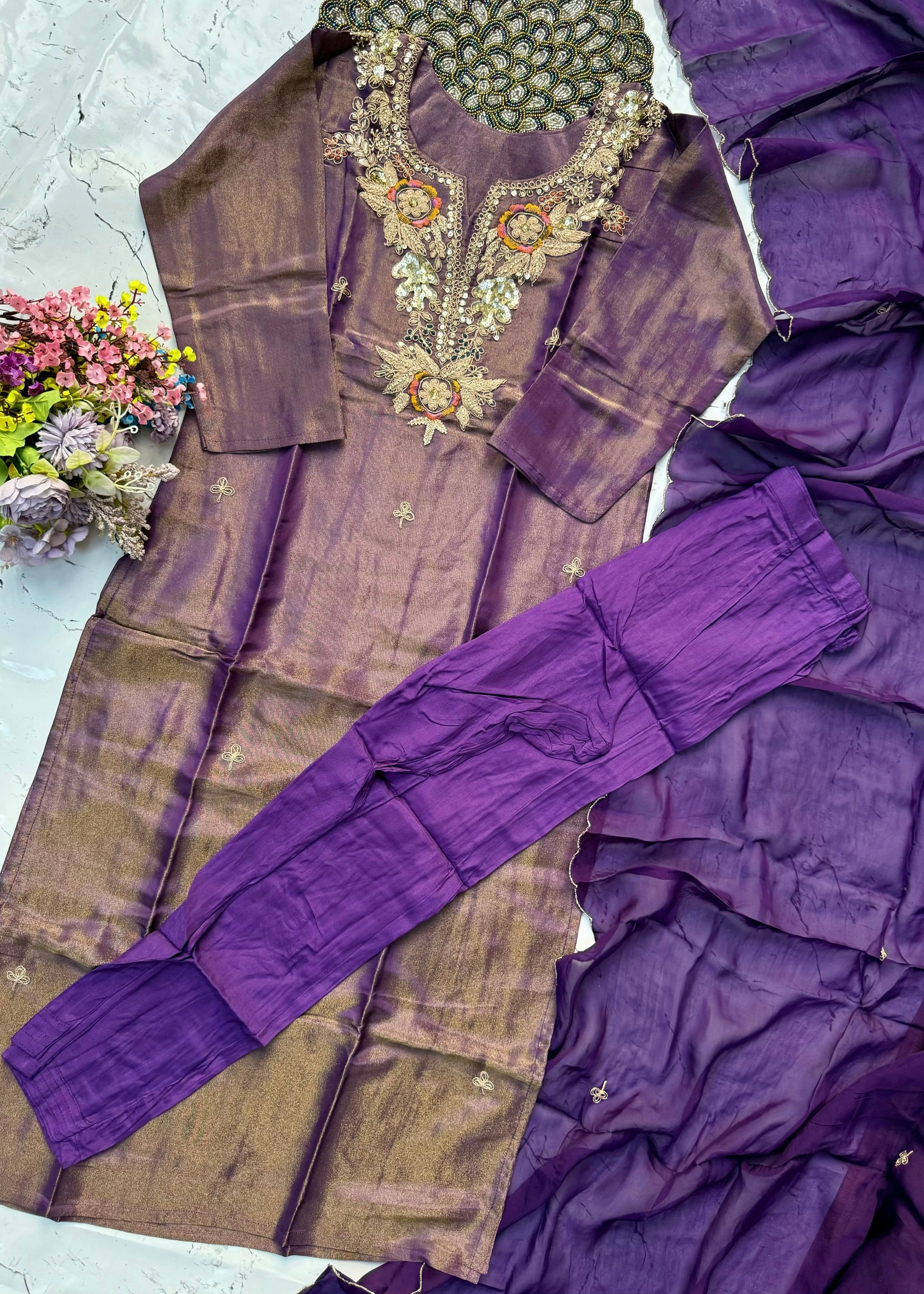 “HAYAT” Premium tissue silk stright kurti bottom with dupatta set