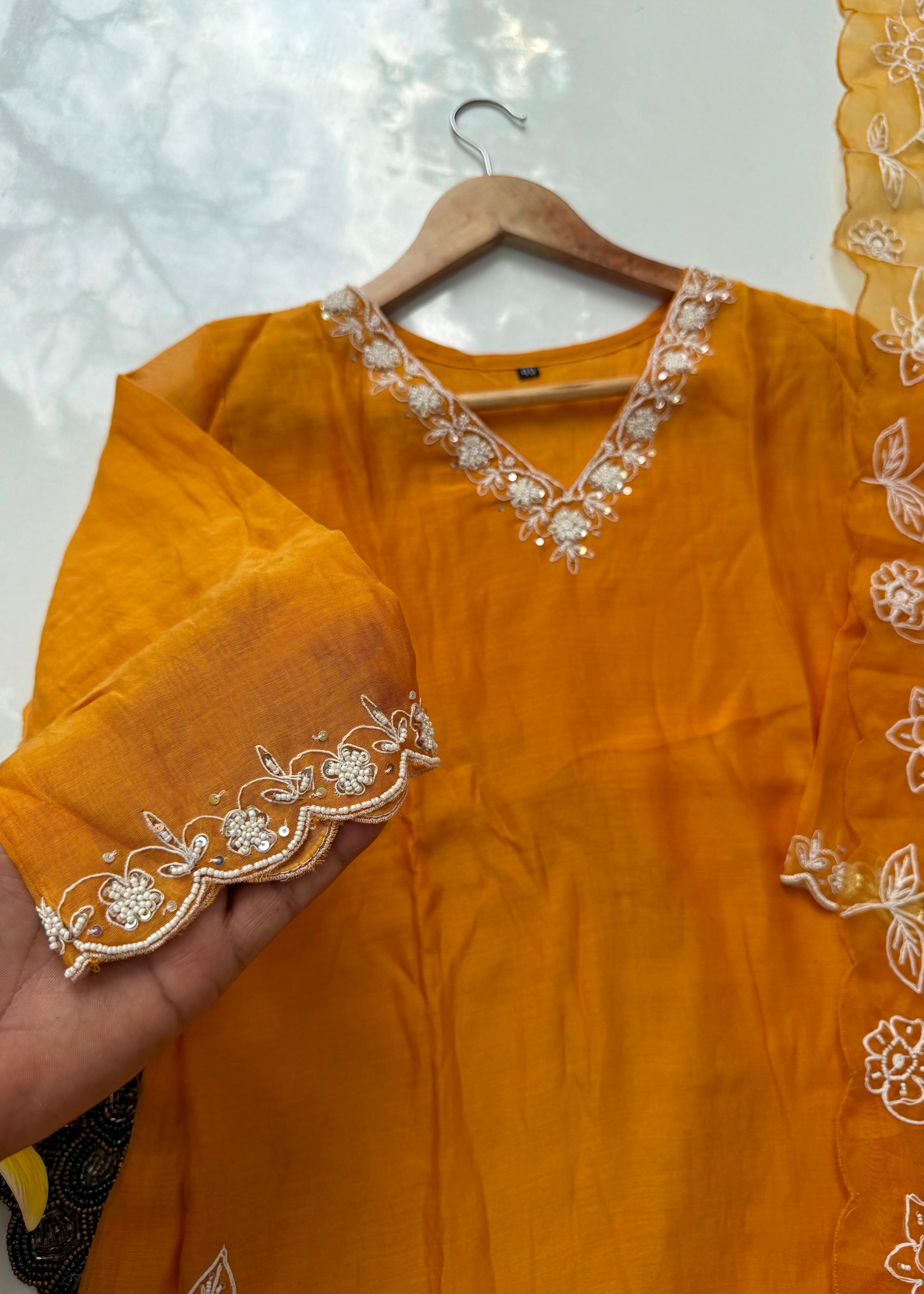 “NIMRIT” Orange party wear Mul Chanderi Aline kurta set 🛍️