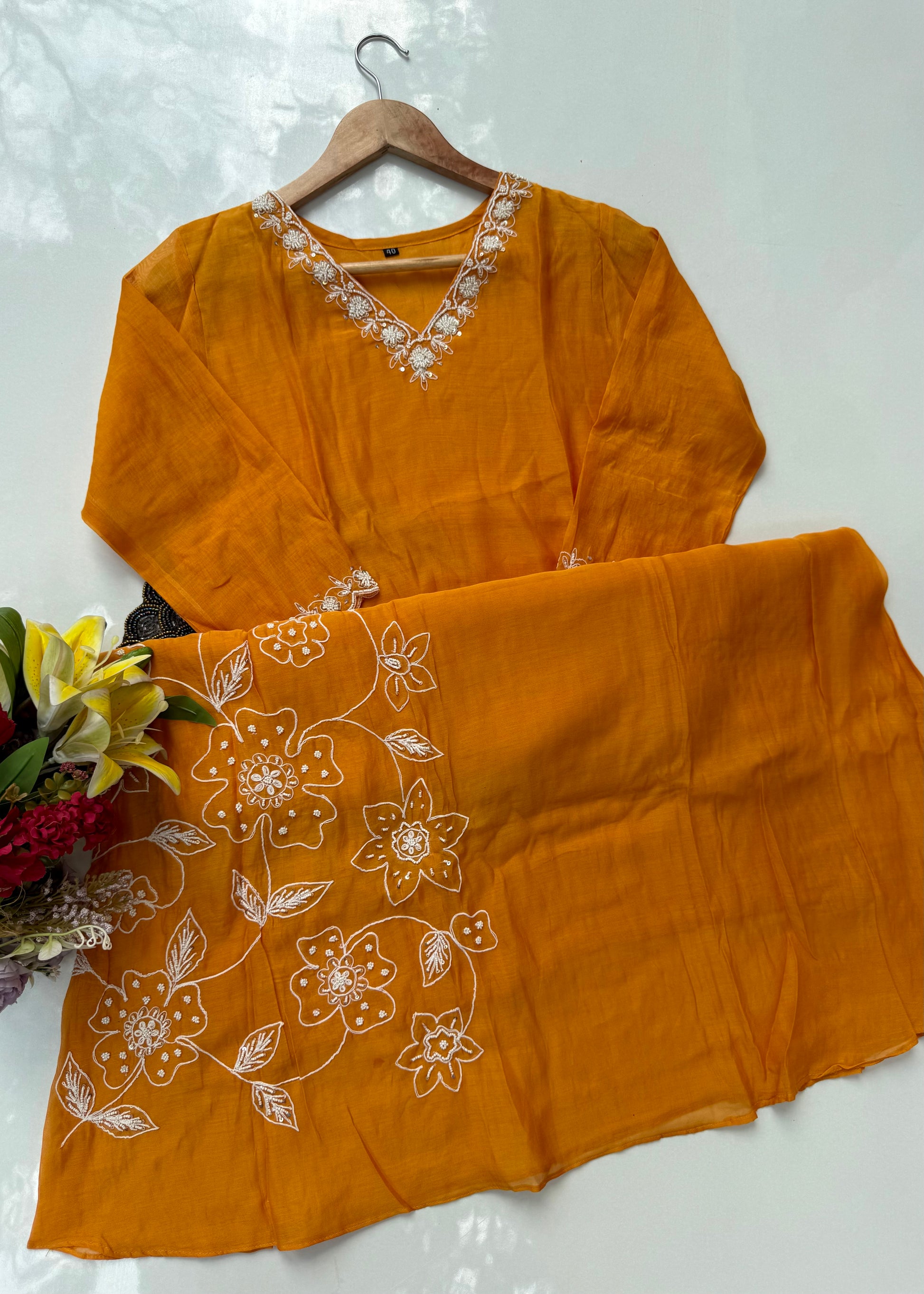 “NIMRIT” Orange party wear Mul Chanderi Aline kurta set 🛍️