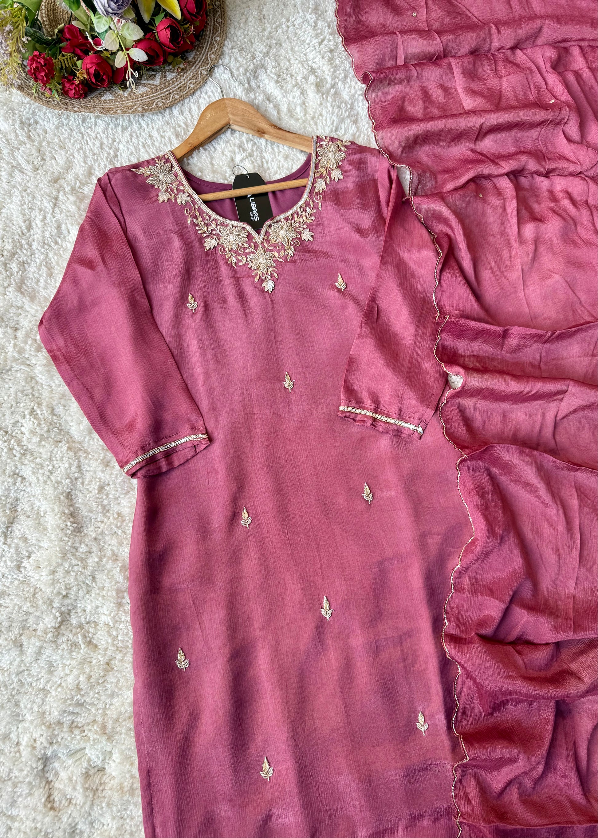 ✨ “Aaliya – Premium Mauve Plum Chinnon handwork straight kurta set