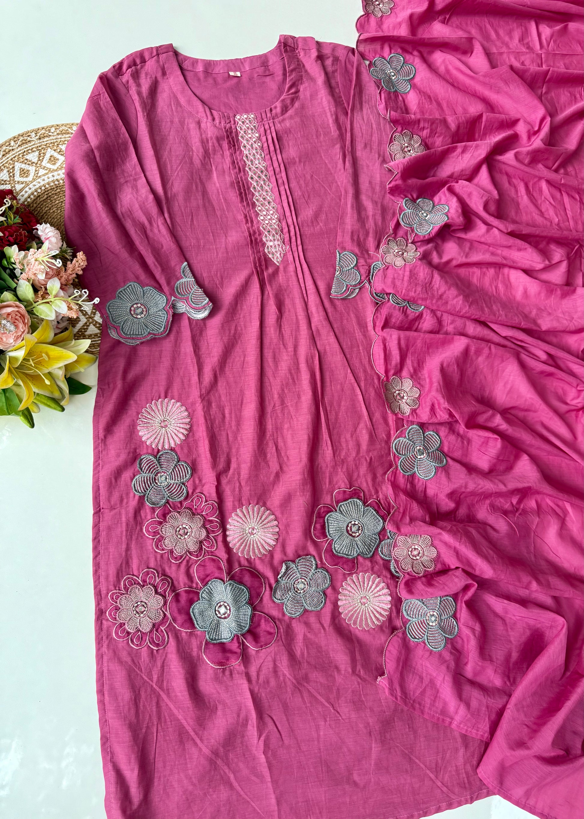 “Anya” Bloomberry Blush Mul Chanderi Suit Set