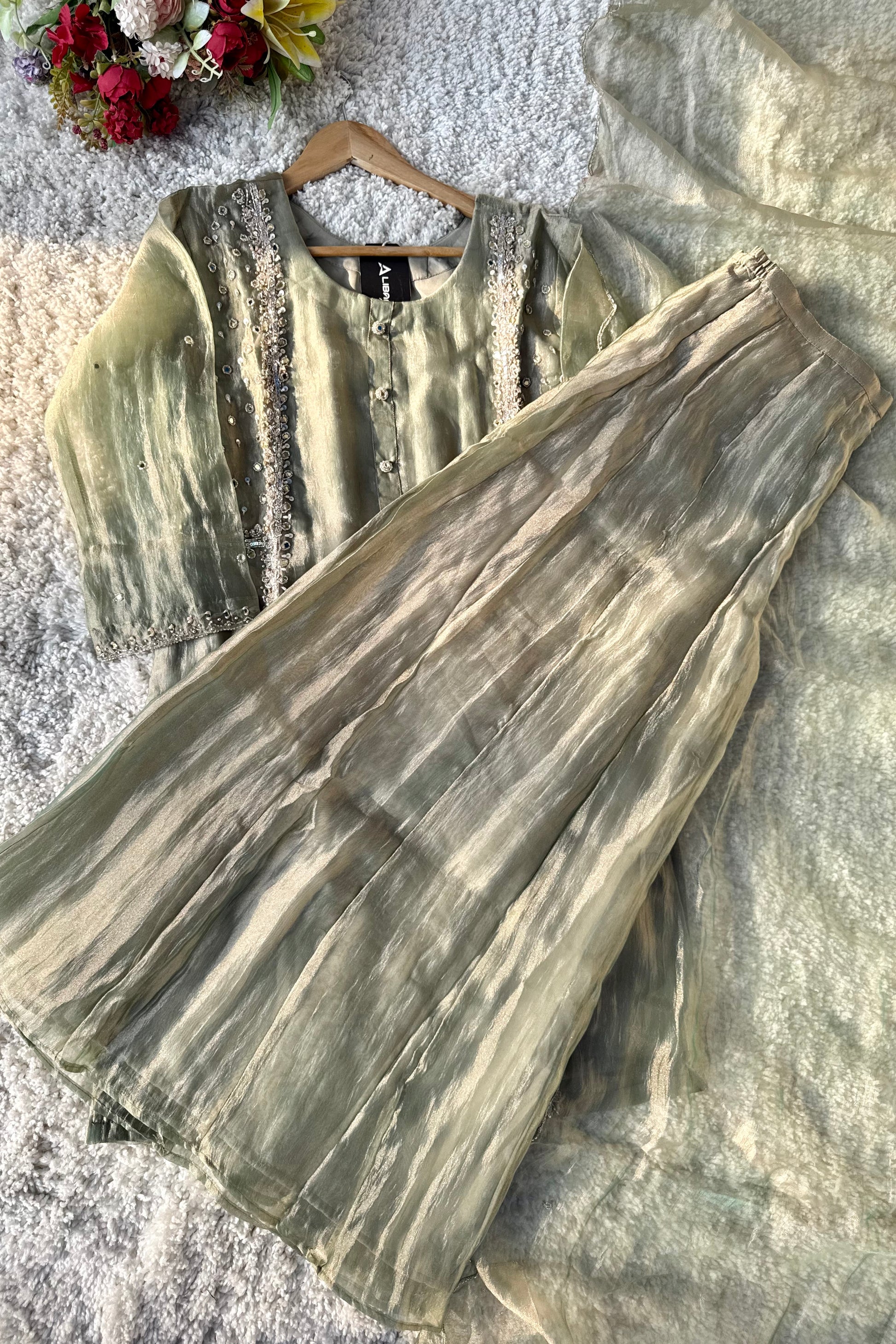 ✨Desert- Champagne Crushed Tissue Kurta Divider Sharara Set