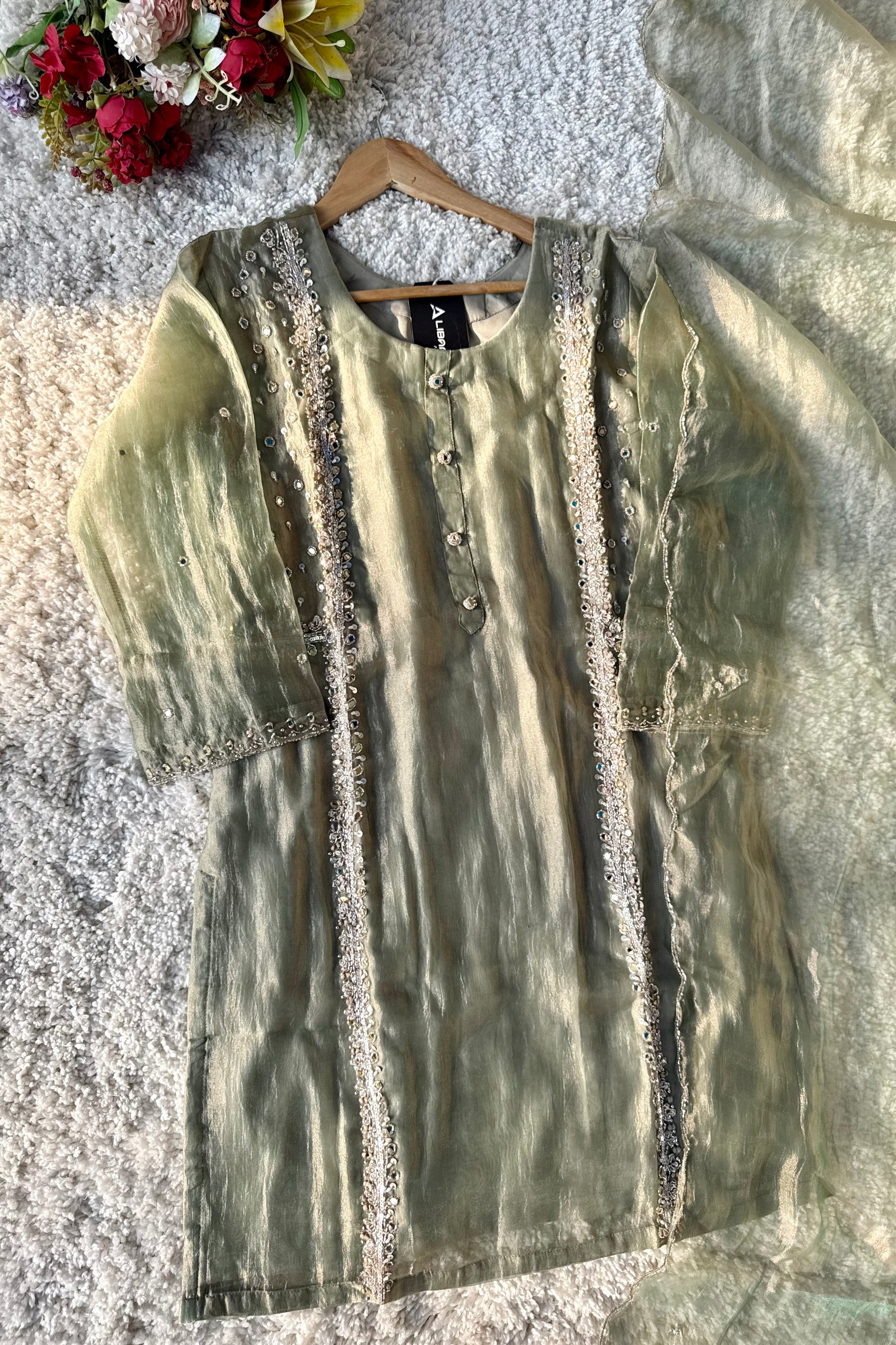 ✨Desert- Champagne Crushed Tissue Kurta Divider Sharara Set