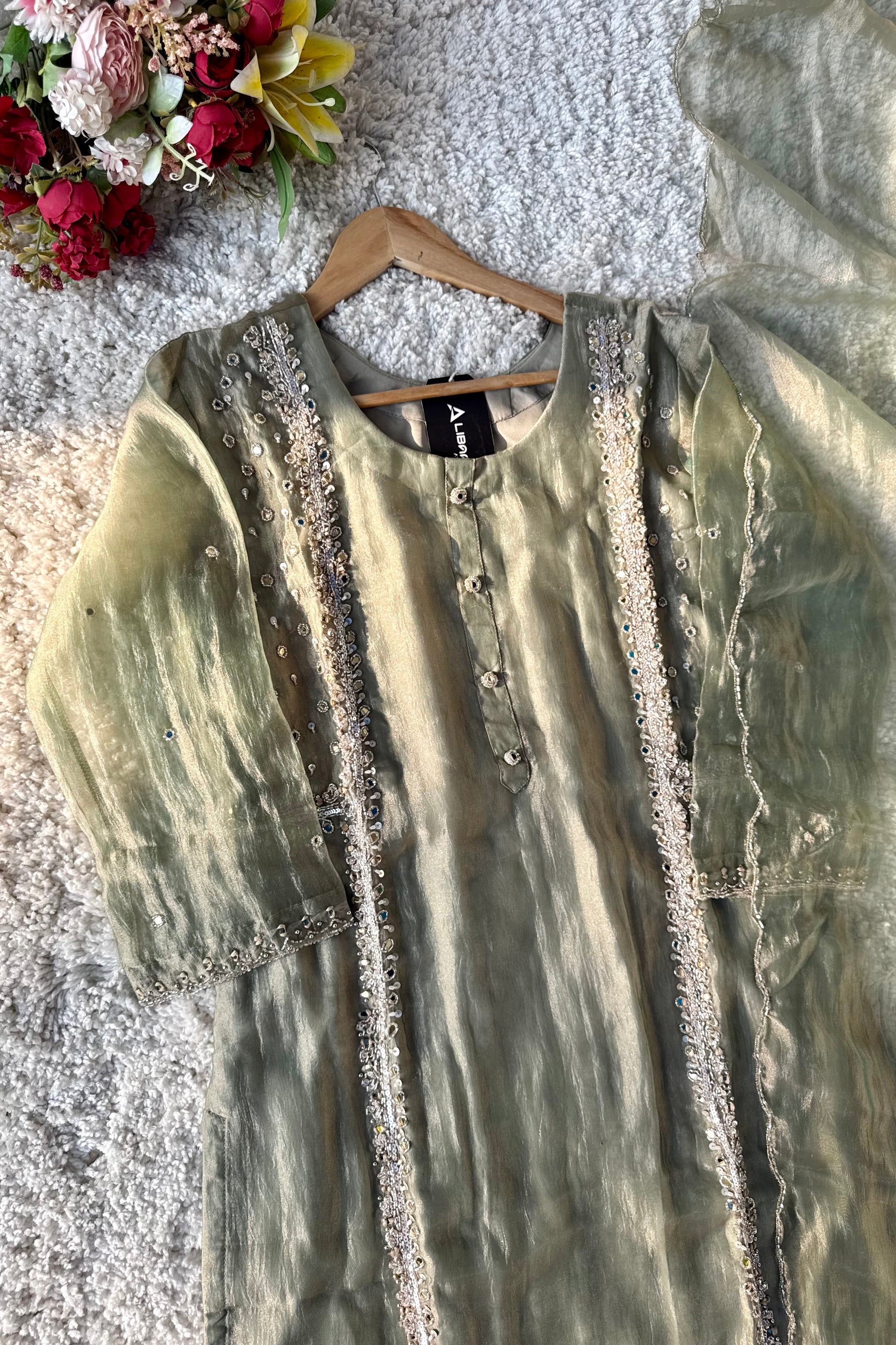 ✨Desert- Champagne Crushed Tissue Kurta Divider Sharara Set